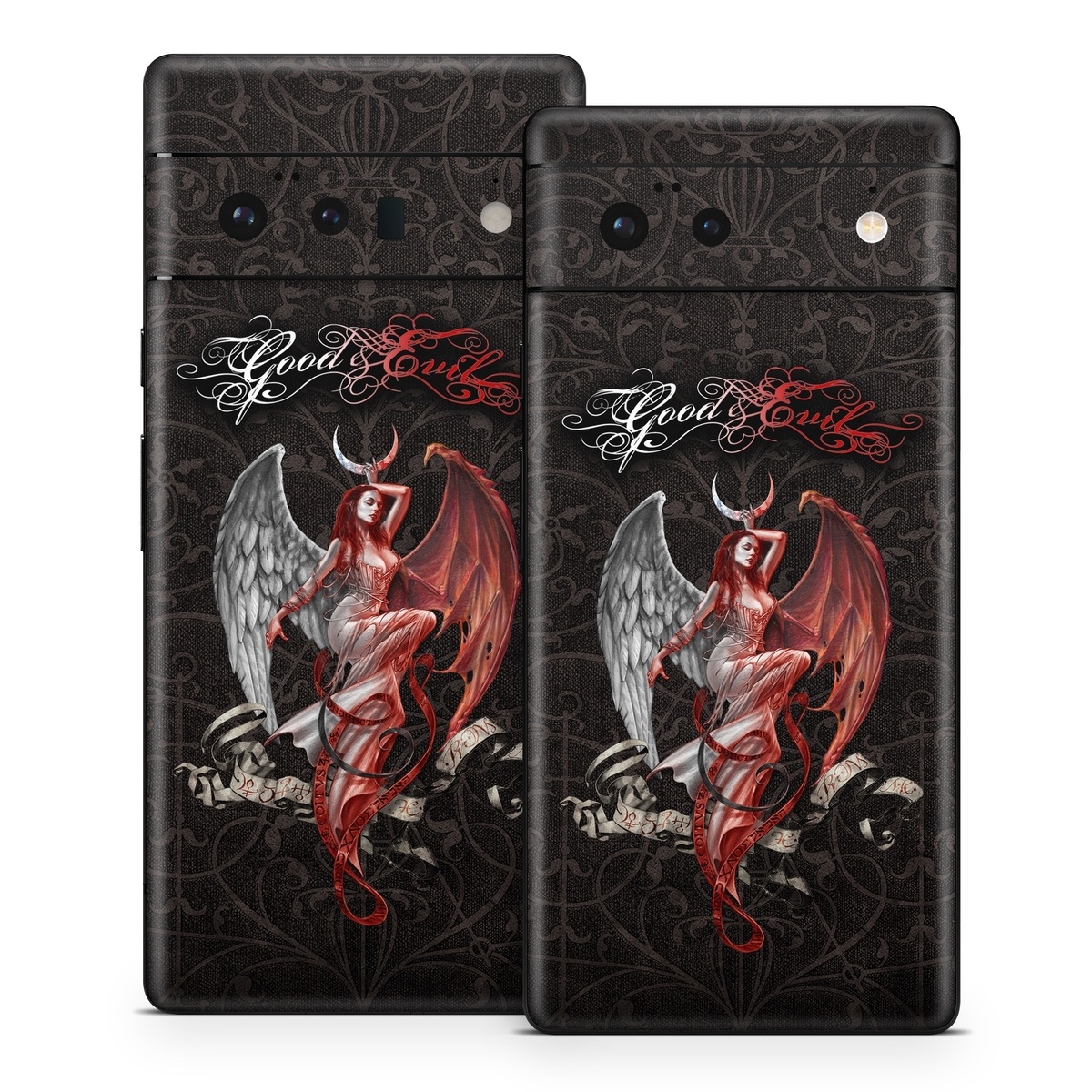 Google Pixel 6 Series Skin design of Illustration, Fictional character, Graphic design, Supernatural creature, Demon, Cg artwork, Art, Mythology, Angel, Wing, with black, white, red colors