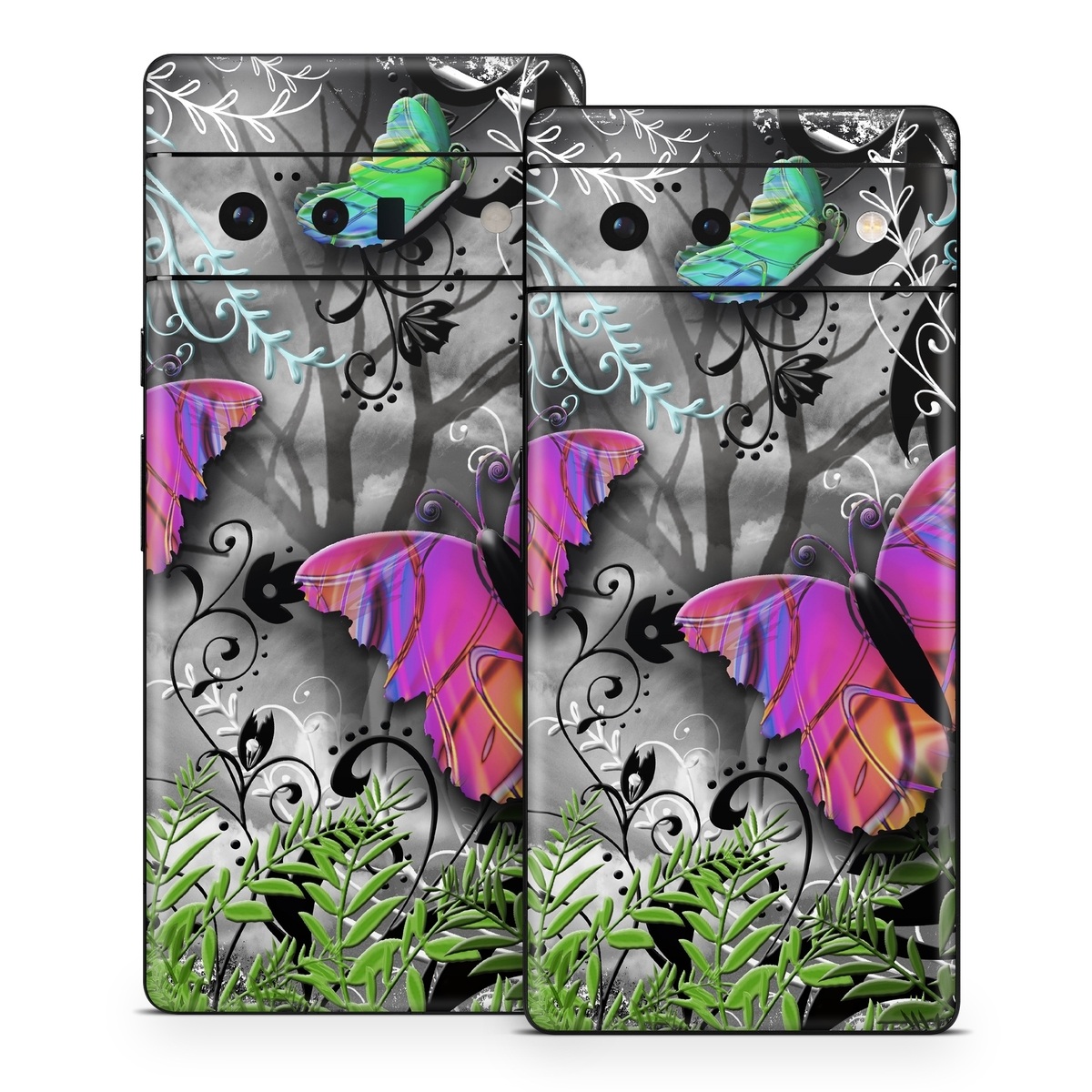 Google Pixel 6 Series Skin design of Butterfly, Pink, Purple, Violet, Organism, Spring, Moths and butterflies, Botany, Plant, Leaf, with black, gray, green, purple, red colors