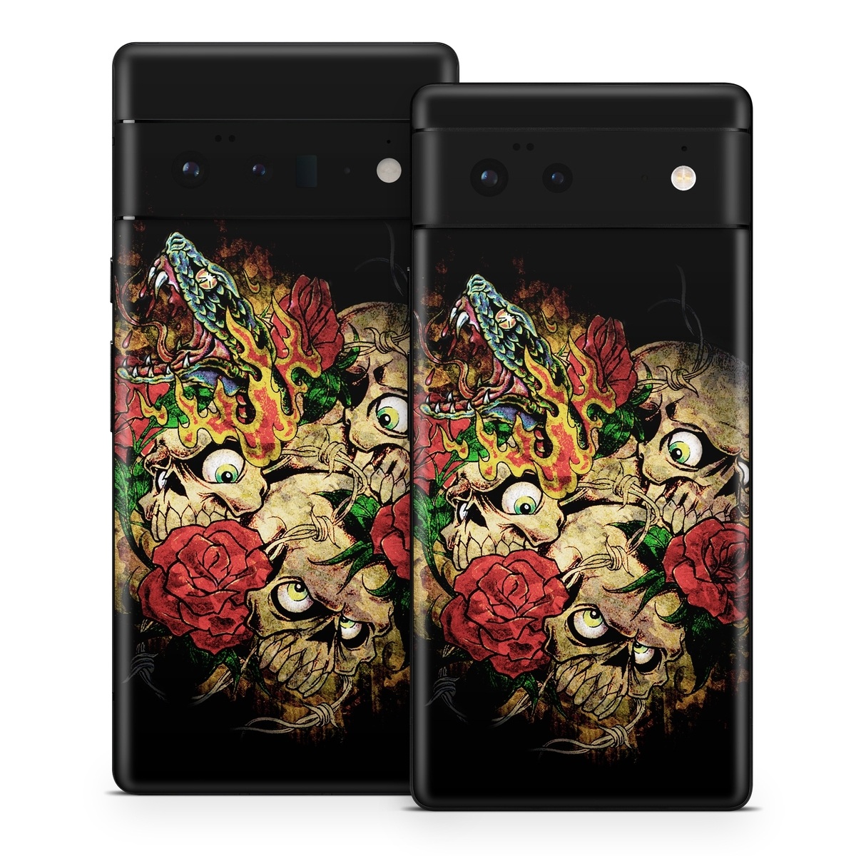 Google Pixel 6 Series Skin design of Illustration, Bouquet, Art, Skull, Plant, Rose, Flower, Graphic design, Fictional character, Floral design, with black, red, green, gray colors
