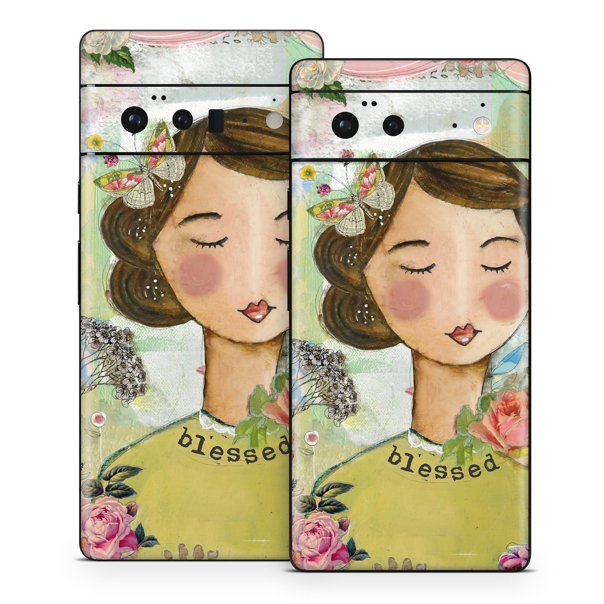 Google Pixel 6 Series Skin design of Illustration, Cheek, Art, Watercolor paint, Retro style, Painting, Plant, Flower, Fashion illustration, Fictional character, with pink, green, yellow, white, red, blue colors