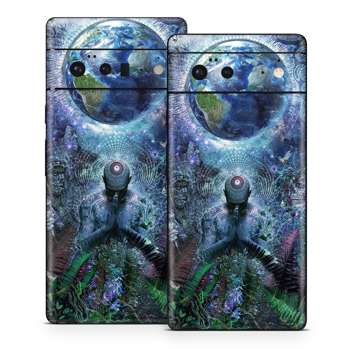 Google Pixel 6 Series Skin design of Psychedelic art, Fractal art, Art, Space, Organism, Earth, Sphere, Graphic design, Circle, Graphics, with blue, green, gray, purple, pink, black, white colors