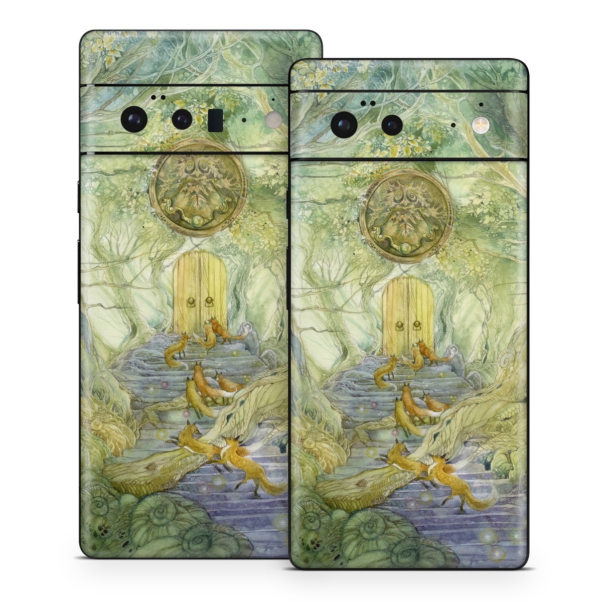 Google Pixel 6 Series Skin design of Painting, Art, Mythology, Visual arts, Watercolor paint, Organism, Fictional character, Modern art, Landscape, Acrylic paint, with green, brown, red, yellow, blue, purple colors