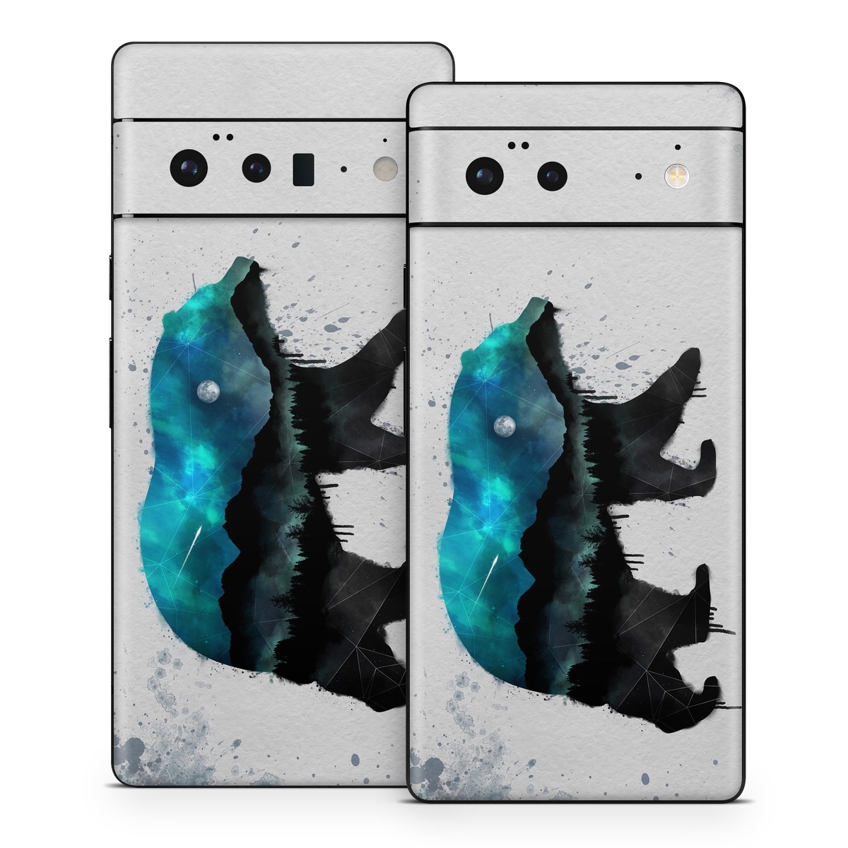 Google Pixel 6 Series Skin design of Bear, Illustration, Grizzly bear, Art, Watercolor paint, Snout, Carnivore, Graphic design, Space, Polar bear, with gray, black, white, green, blue colors