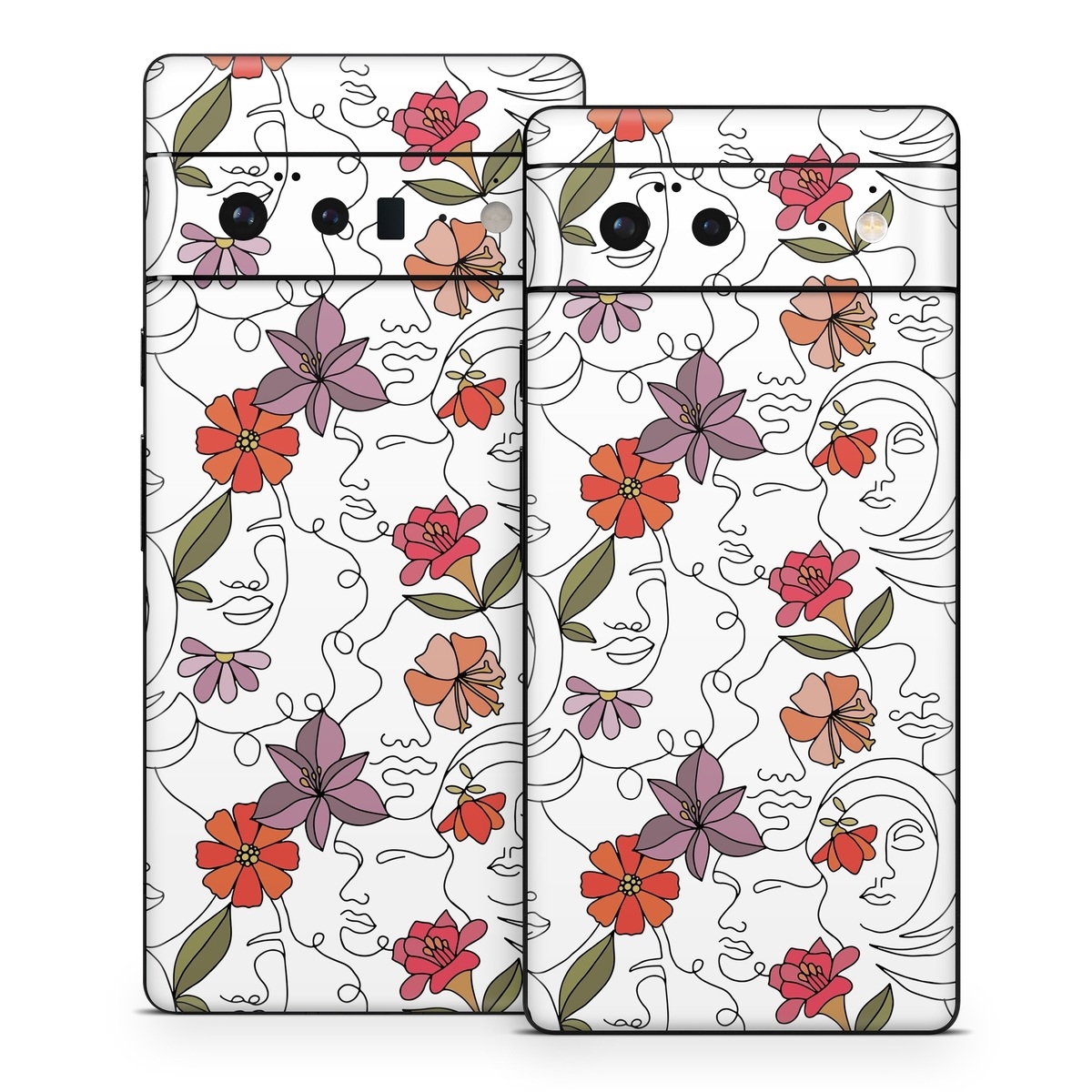 Google Pixel 6 Series Skin design of Flower, Plant, White, Product, Petal, Branch, Rectangle, Botany, Textile, Creative arts, with white, red, purple, green, orange colors