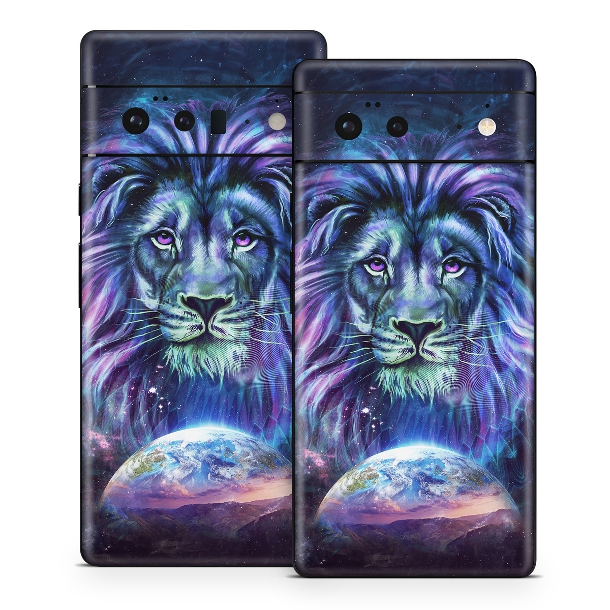 Google Pixel 6 Series Skin design of Lion, Felidae, Purple, Wildlife, Big cats, Illustration, Darkness, Space, Painting, Art, with purple, blue, green, black, white, red colors