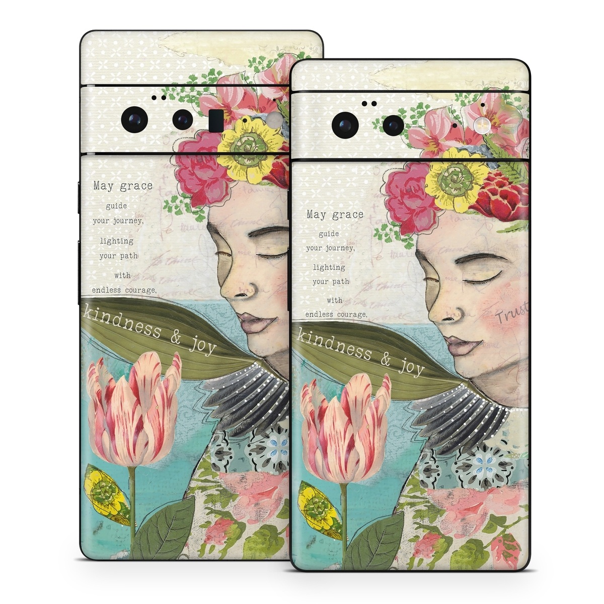 Google Pixel 6 Series Skin design of Flower, Plant, Botany, Petal, Textile, Creative arts, Pink, Art, Painting, Poster, with blue, green, yellow, red, pink, white colors