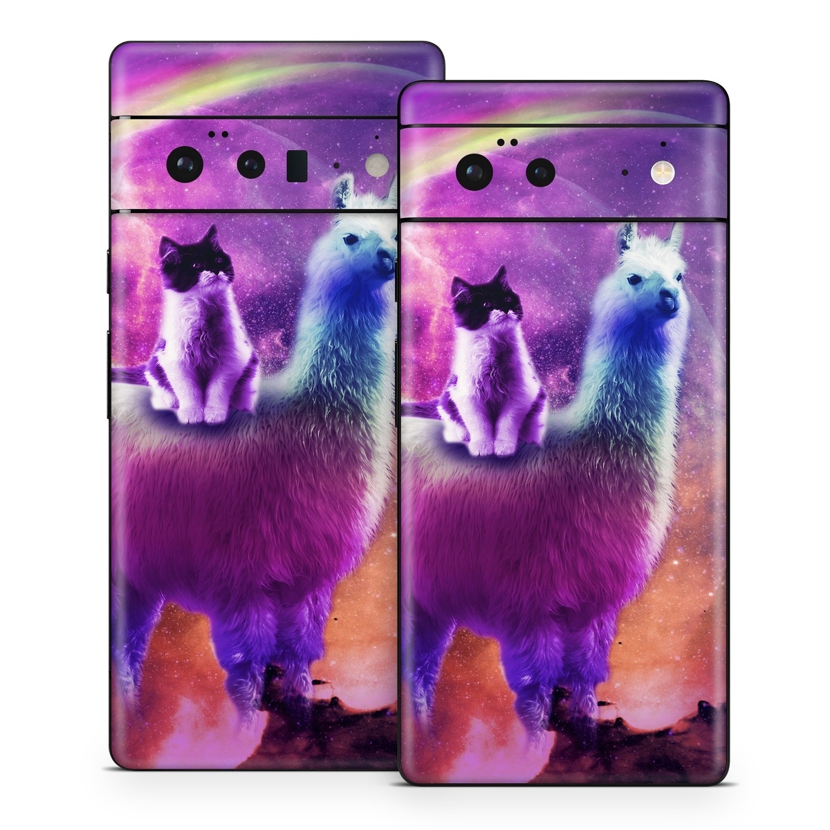Google Pixel 6 Series Skin design of Llama, Purple, Camelid, Alpaca, Sky, Livestock, Space, with purple, white, blue, pink, yellow, black colors