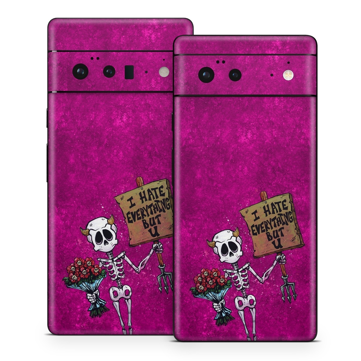 Google Pixel 6 Series Skin design of Purple, Pink, Violet, Magenta, Font, Tints and shades, Art, Electric blue, Skull, Rectangle, with white, gray, pink, red, green, brown, black colors