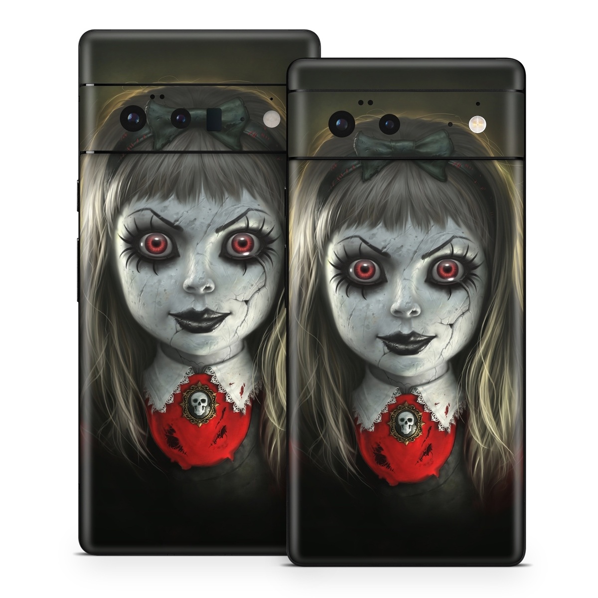 Google Pixel 6 Series Skin design of Fiction, Illustration, Fictional character, Ghost, Darkness, Vampire, Goth subculture, Zombie, Art, Skull, with white, red, black, yellow colors