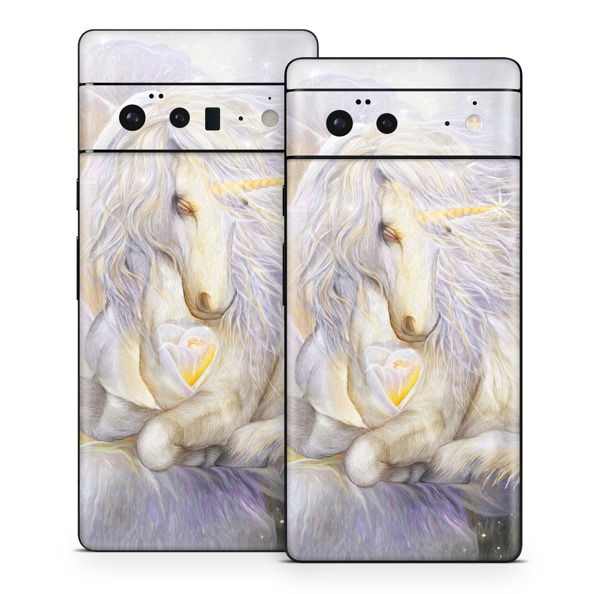 Google Pixel 6 Series Skin design of Fictional character, Mythical creature, Unicorn, Sky, Mythology, Supernatural creature, Illustration, with gray, black, green, pink, blue colors