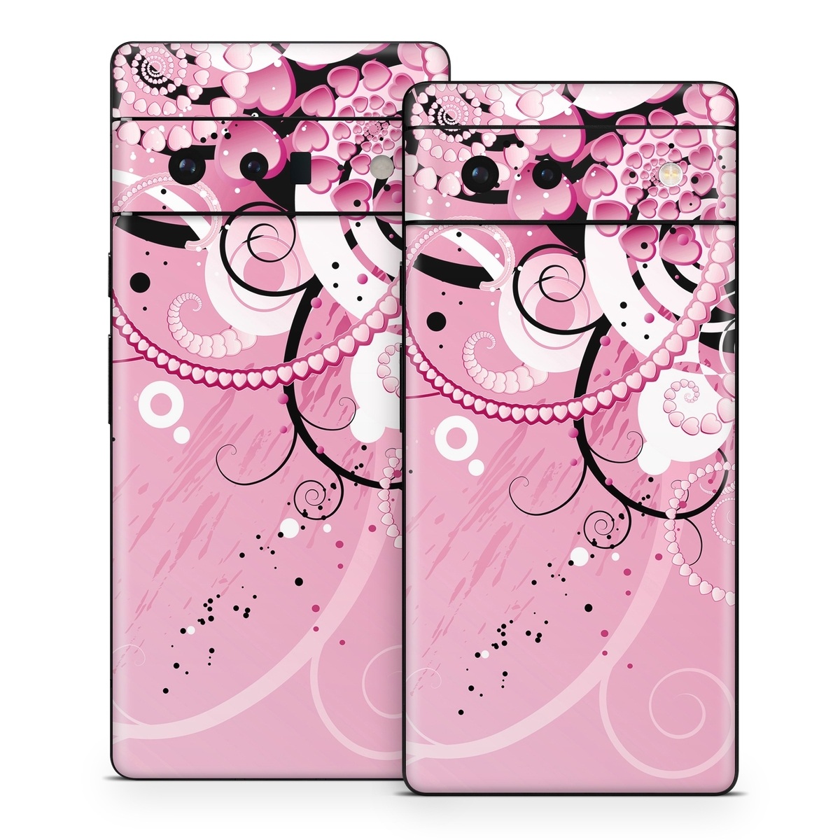 Google Pixel 6 Series Skin design of Pink, Floral design, Graphic design, Text, Design, Flower Arranging, Pattern, Illustration, Flower, Floristry, with pink, gray, black, white, purple, red colors