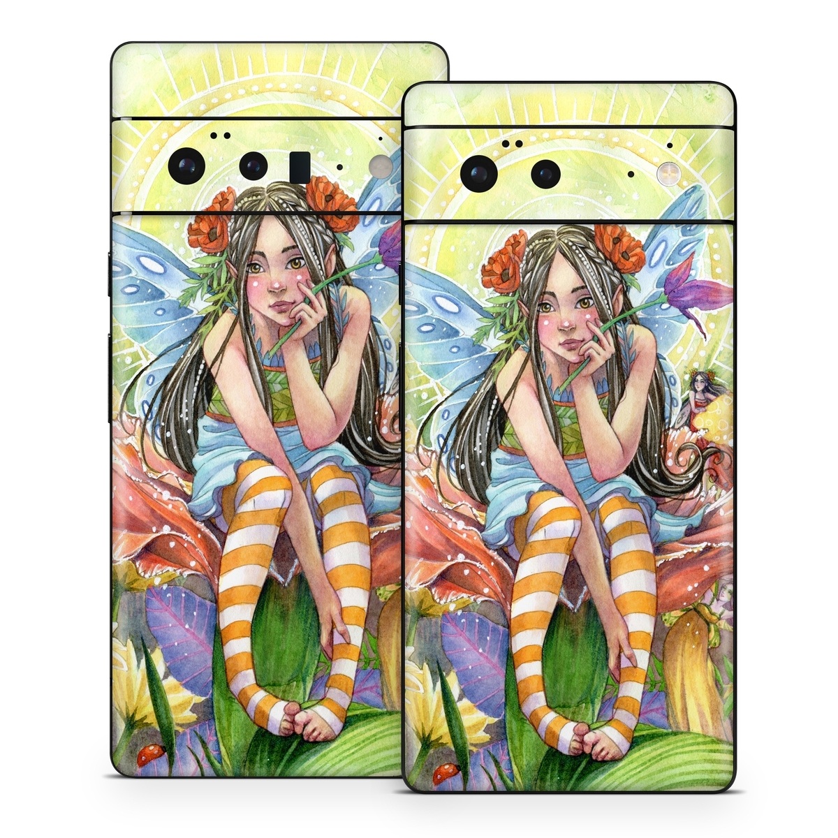 Google Pixel 6 Series Skin design of Fictional character, Illustration, Art, Plant, Painting, Wildflower, Mythical creature, with gray, green, black, yellow, red colors