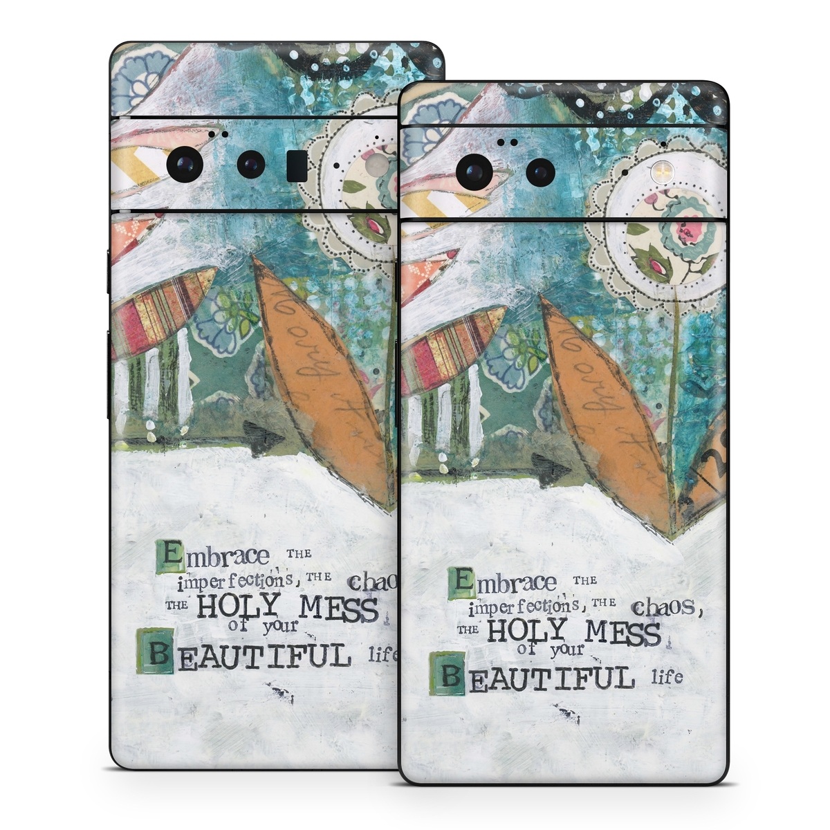 Google Pixel 6 Series Skin design of Leaf, Font, Plant, Illustration, Art, with blue, white, green, red, orange, yellow colors