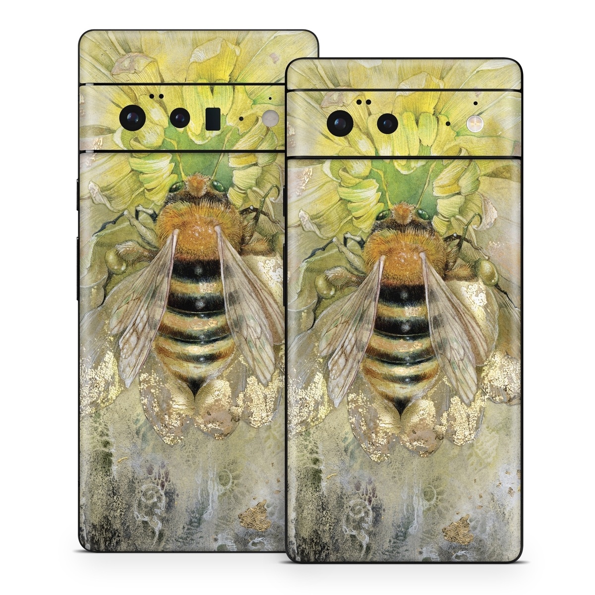 Google Pixel 6 Series Skin design of Honeybee, Insect, Bee, Membrane-winged insect, Invertebrate, Pest, Watercolor paint, Pollinator, Illustration, Organism, with yellow, orange, black, green, gray, pink colors