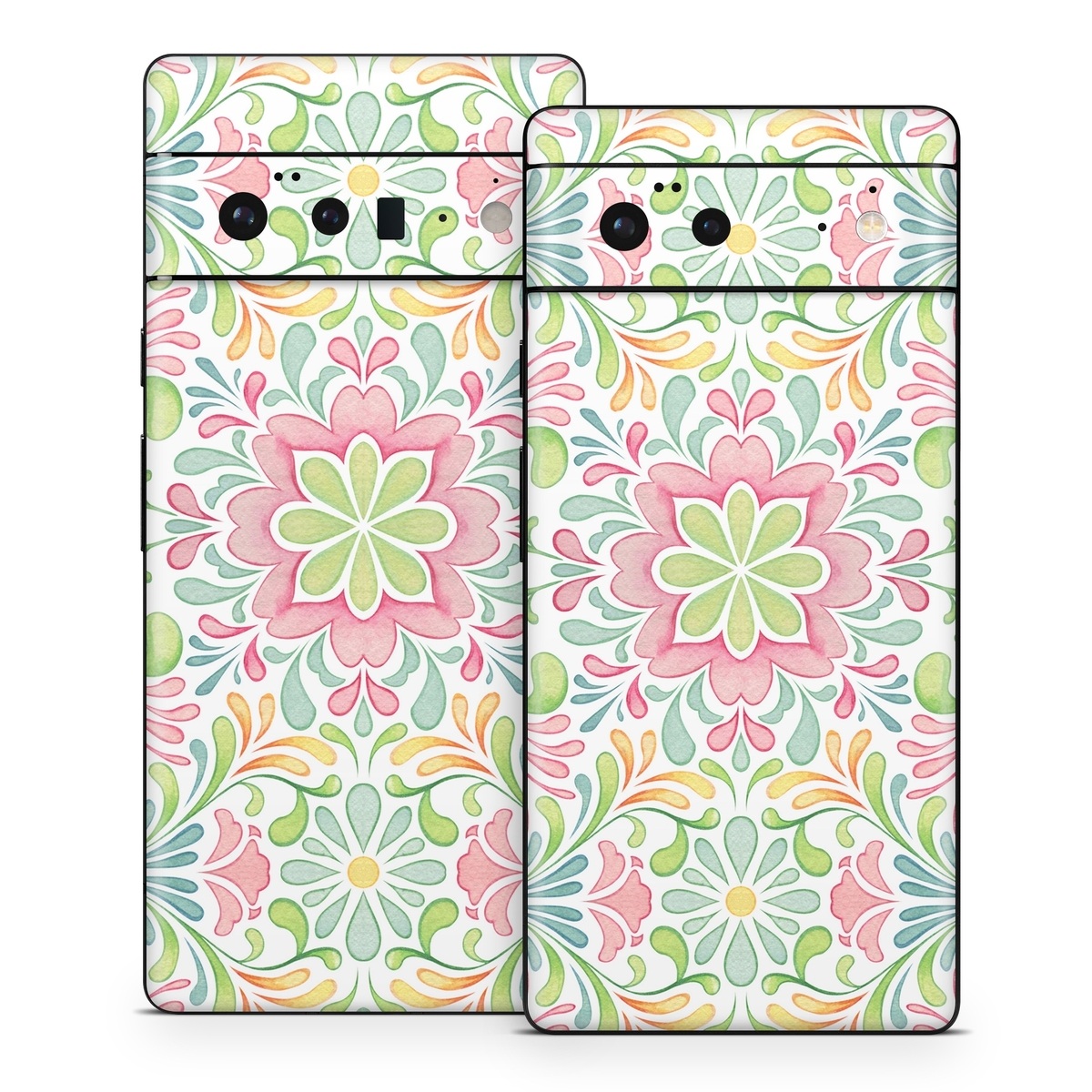 Google Pixel 6 Series Skin design of Pattern, Pink, Visual arts, Design, Textile, Wrapping paper, Symmetry, Floral design, Motif, with gray, white, pink, green colors