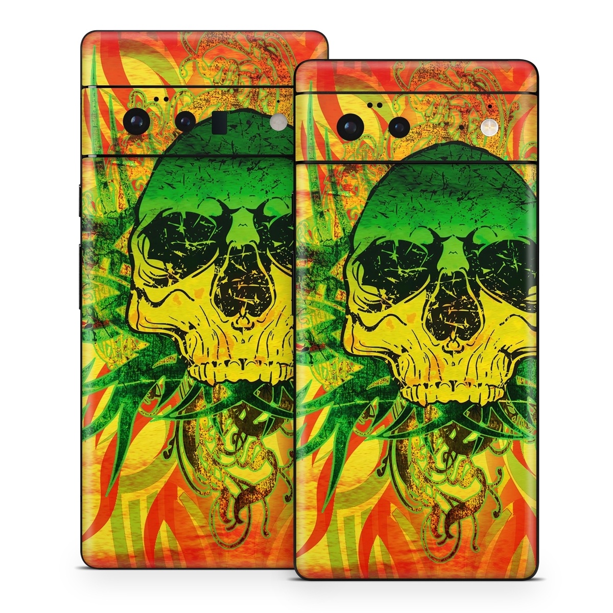 Google Pixel 6 Series Skin design of Psychedelic art, Skull, Illustration, Bone, Art, Graphic design, Visual arts, Poster, Plant, Painting, with green, orange, black, red colors