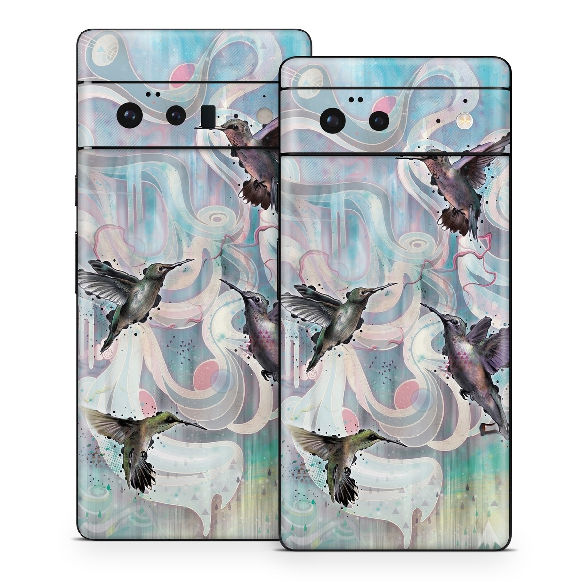 Google Pixel 6 Series Skin design of Bird, Watercolor paint, Illustration, Hummingbird, Painting, Art, Wing, Fictional character, Acrylic paint, Perching bird, with gray, blue, black colors
