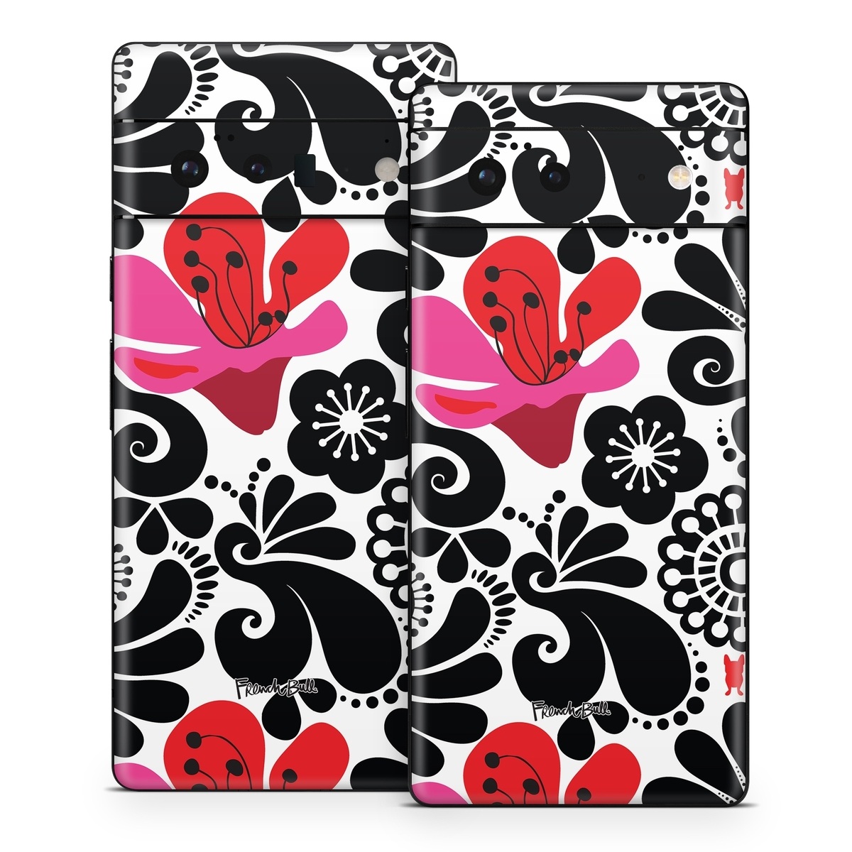 Google Pixel 6 Series Skin design of White, Product, Green, Botany, Petal, Textile, Pink, Creative arts, Line, Magenta, with black, white, pink, red colors