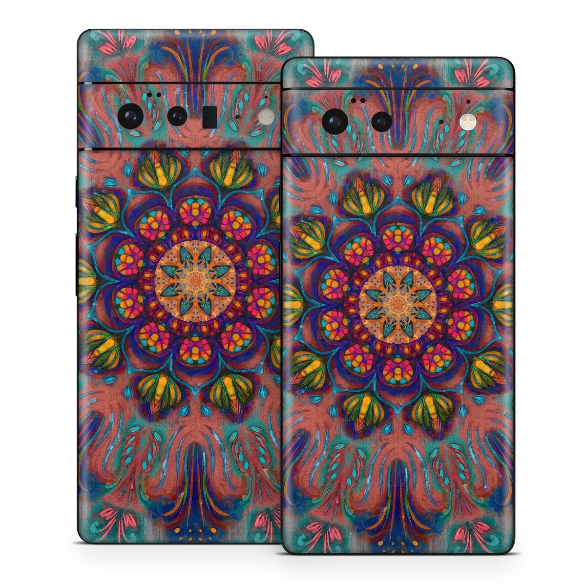 Google Pixel 6 Series Skin design of Psychedelic art, Pattern, Art, Textile, Symmetry, Visual arts, Design, Fractal art, Kaleidoscope, Tapestry, with blue, yellow, red, green, pink, green colors