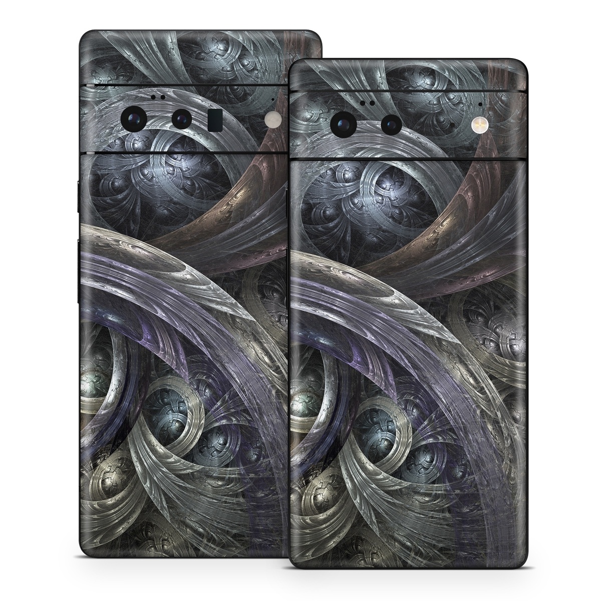Google Pixel 6 Series Skin design of Fractal art, Graphic design, Art, Cg artwork, Darkness, Circle, Pattern, Illustration, Graphics, Metal, with black, gray, blue colors