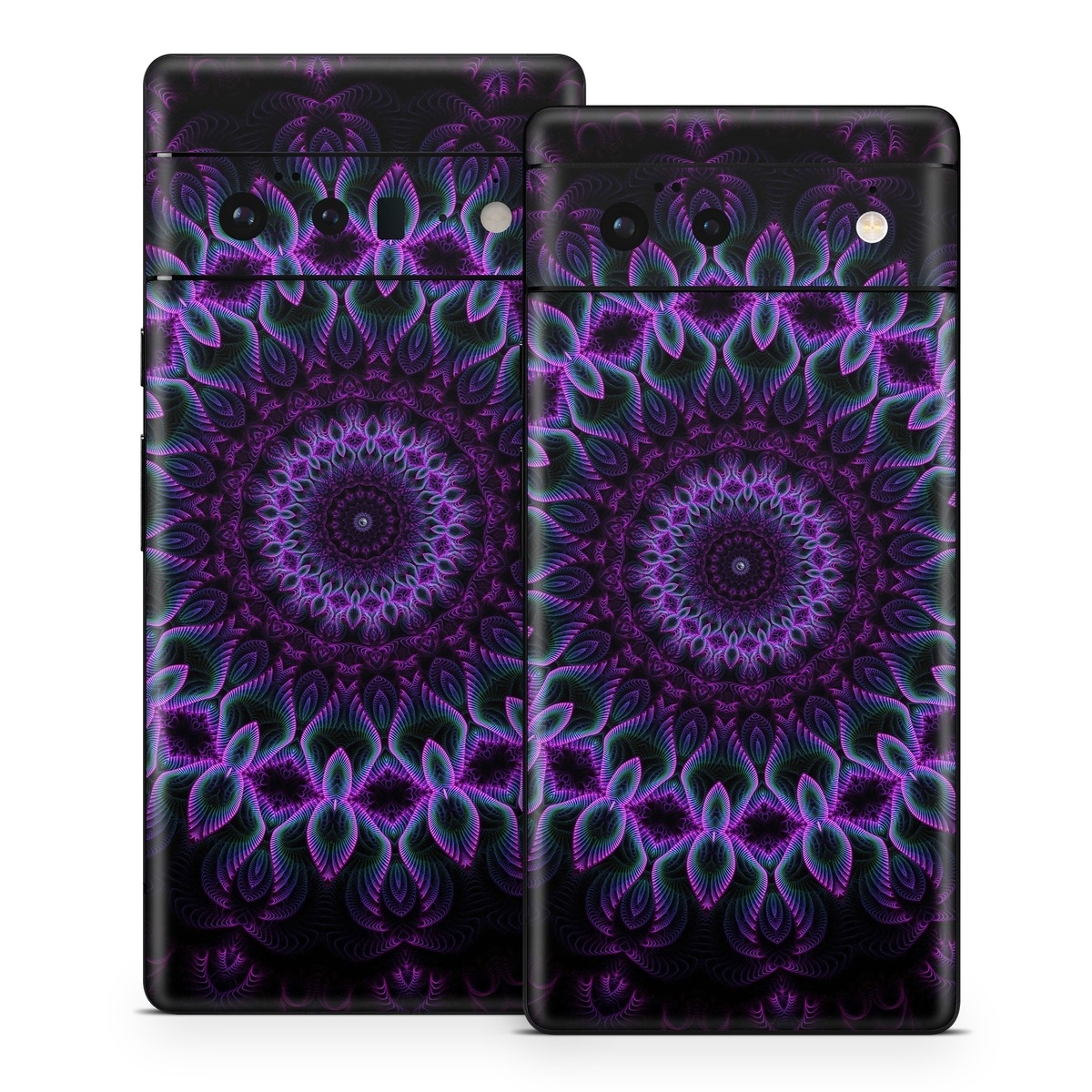 Google Pixel 6 Series Skin design of Colorfulness, Pattern, Purple, Violet, Magenta, Red, Pink, Art, Fractal Art, Visual Arts, Design, Circle, Symmetry, Psychedelic Art, Motif, Kaleidoscope, Graphics, with black, purple, blue, white colors