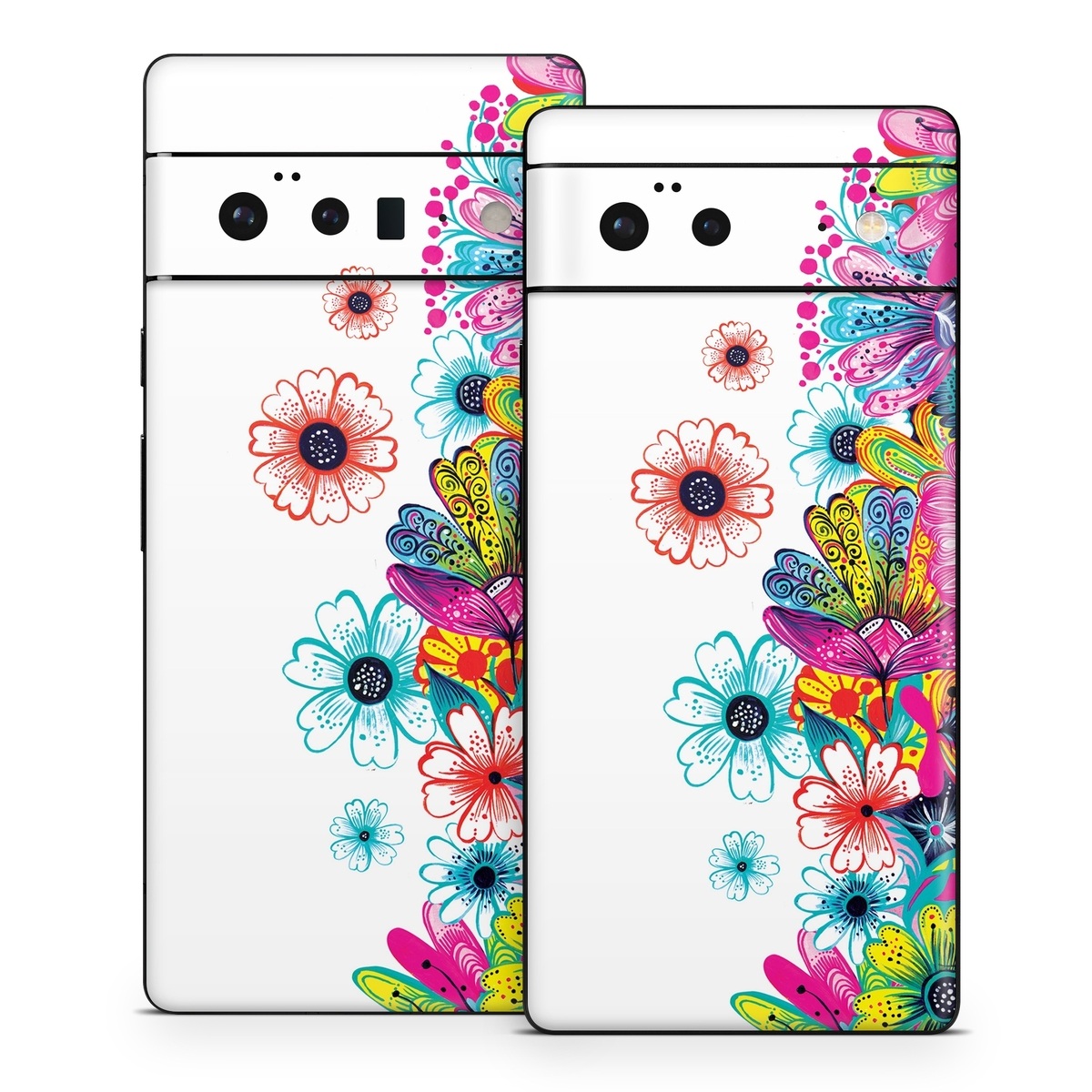 Google Pixel 6 Series Skin design of Pattern, Floral design, Design, Graphic design, Flower, Wildflower, Plant, Graphics, Clip art, Visual arts, with white, pink, blue, yellow, purple, red colors
