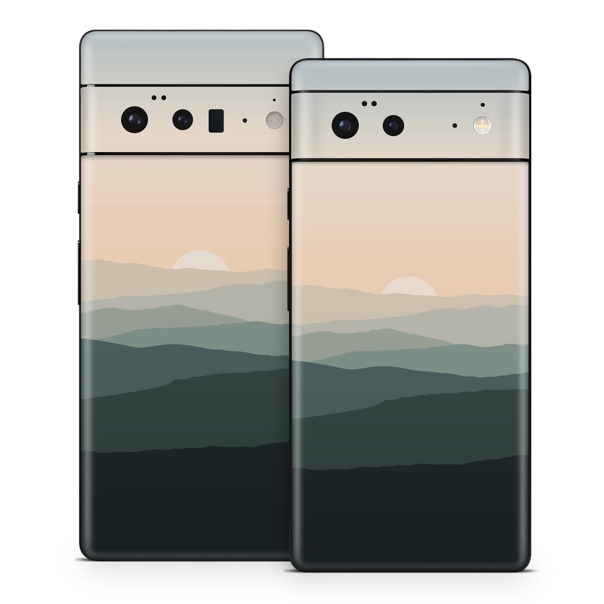 Google Pixel 6 Series Skin design of Sky, Mountain, Afterglow, Cloud, Highland, Dusk, Sunrise, Landscape, Sunset, Cumulus, with black, gray, white, orange, yellow colors