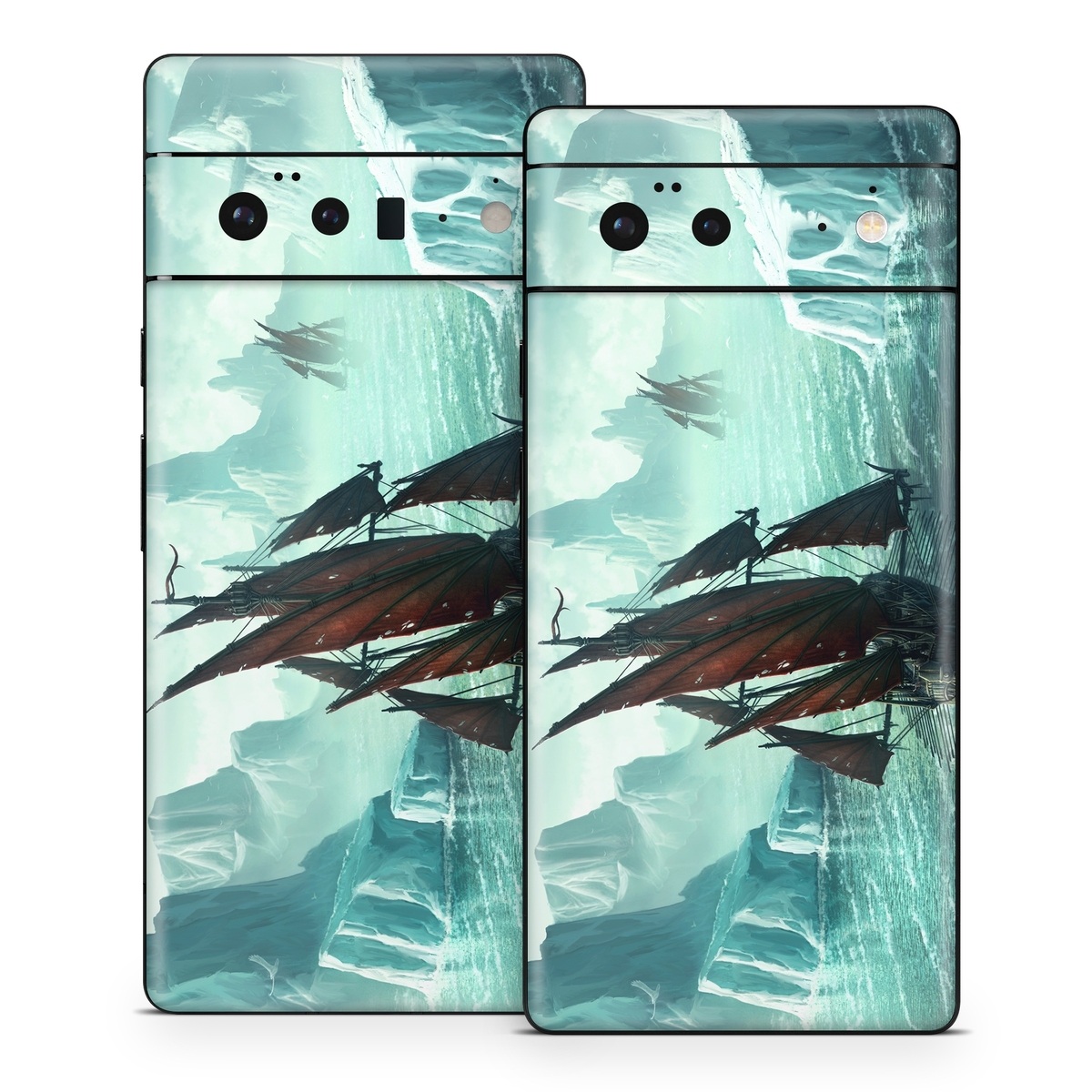 Google Pixel 6 Series Skin design of Cg artwork, Vehicle, Ghost ship, Manila galleon, Fluyt, Adventure game, First-rate, Sailing ship, Mythology, Strategy video game, with gray, black, blue, green, white colors