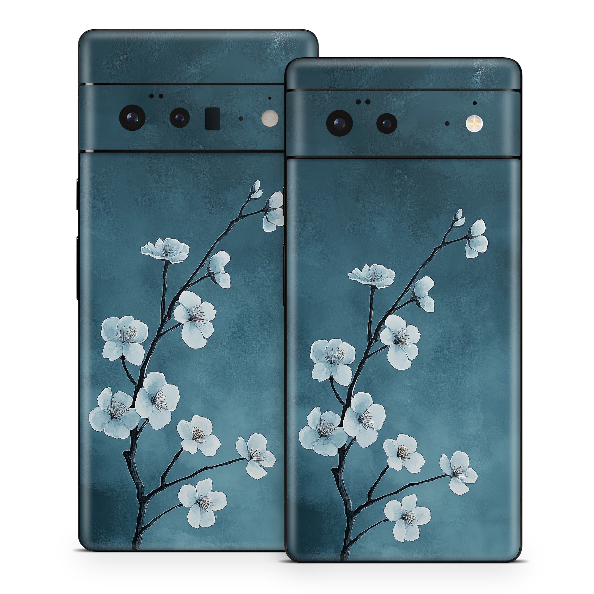 Google Pixel 6 Series Skin design of Flower, Nature, Petal, Branch, Twig, Sky, Flowering plant, Cloud, Blossom, Tree, with black, blue, white, gray colors
