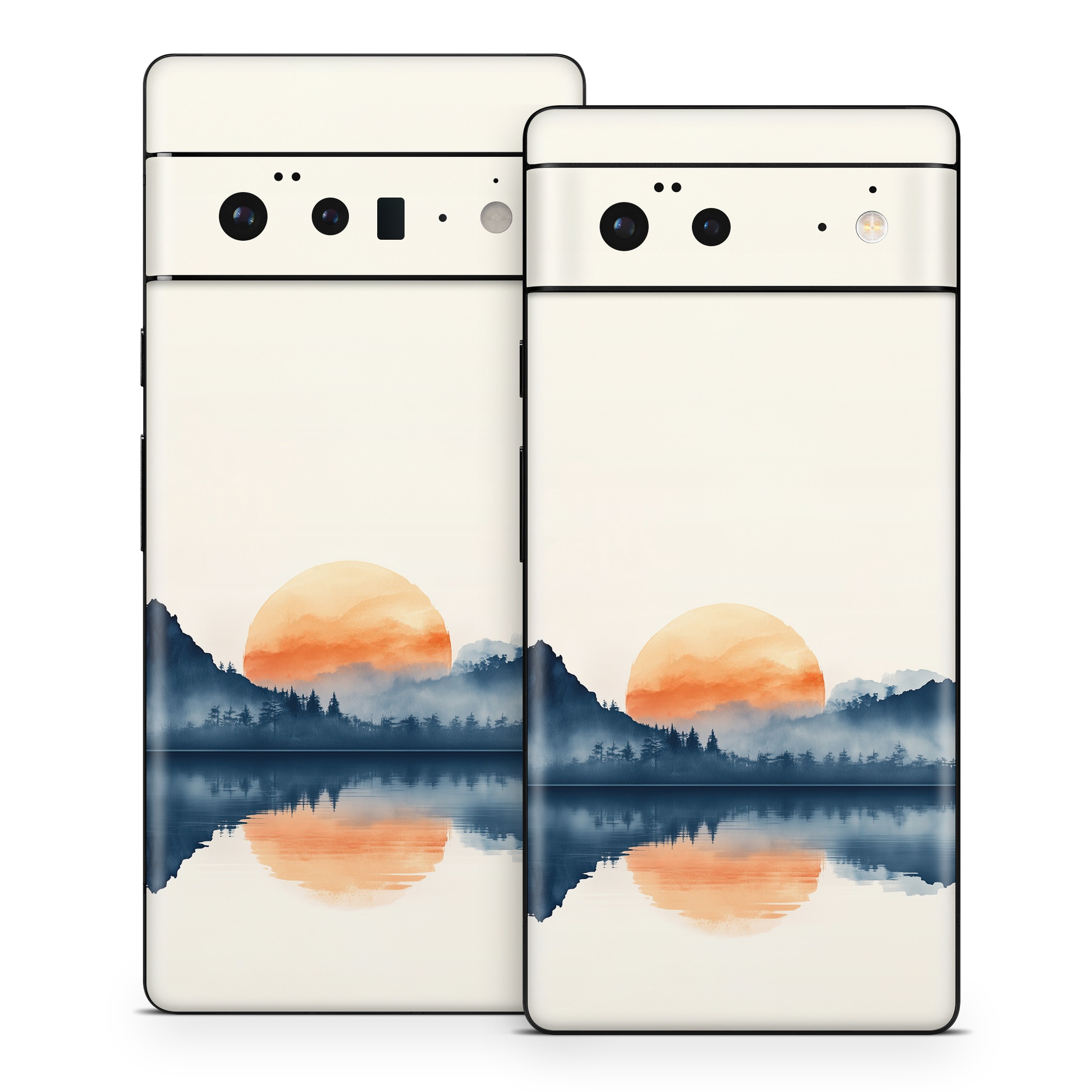 Google Pixel 6 Series Skin design of Water, Water resources, Sky, Mountain, Natural landscape, Lake, Atmospheric phenomenon, Landscape, Horizon, Afterglow, with black, blue, white, gray, yellow, orange, red colors