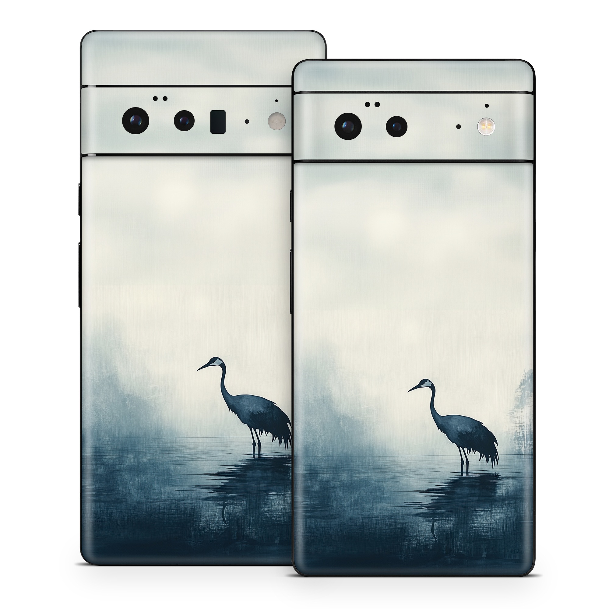 Google Pixel 6 Series Skin design of Bird, Water, Beak, Feather, Natural landscape, Pelecaniformes, Sky, Wing, Water bird, Heron, with black, blue, white, gray colors