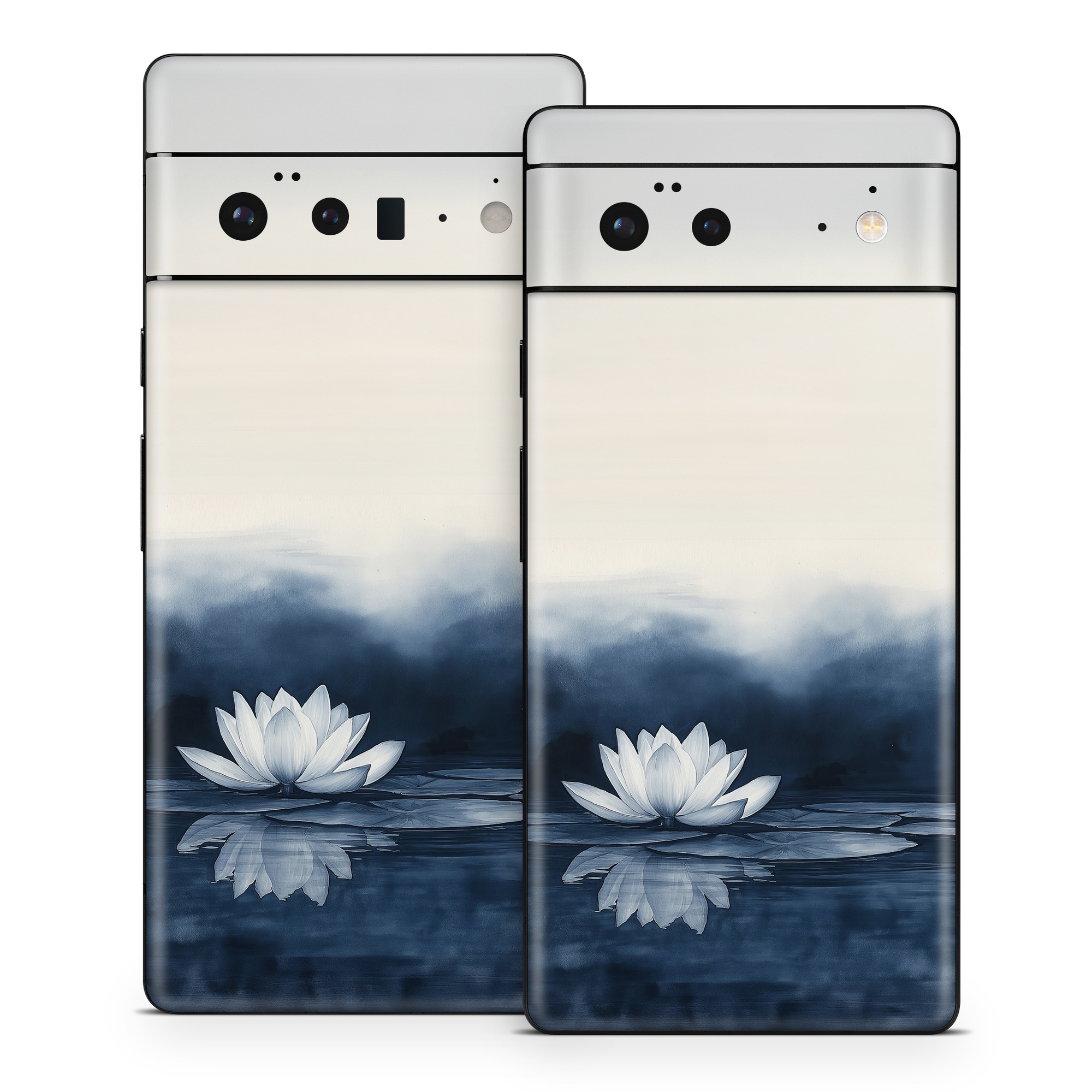 Google Pixel 6 Series Skin design of Water, Flower, Plant, Liquid, Lotus, Sky, Nature, Petal, Fluid, Sacred lotus, with black, blue, white, gray colors