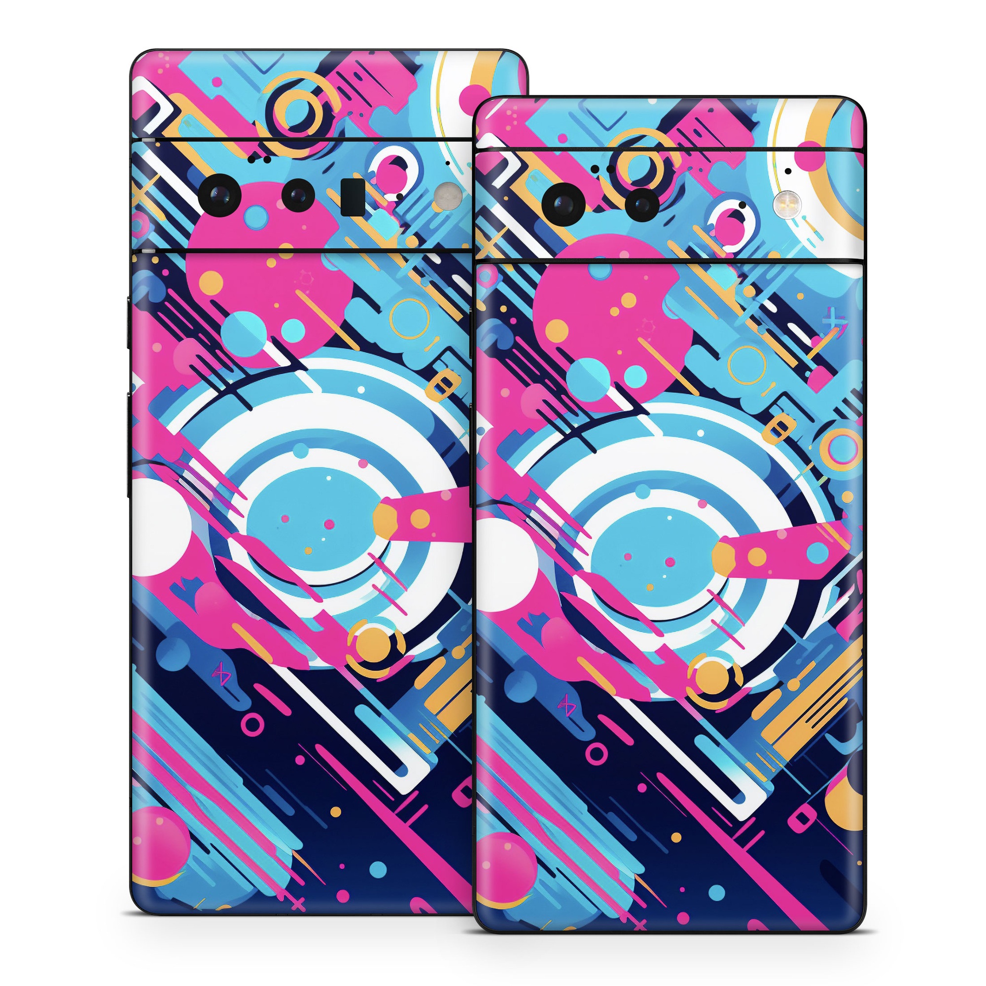 Google Pixel 6 Series Skin design of Colorfulness, Font, Line, Material property, Art, Magenta, Pattern, Electric blue, Circle, Graphics, with blue, pink, black, white, orange colors