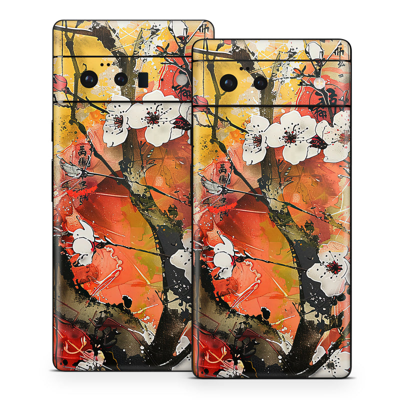 Google Pixel 6 Series Skin design of Yellow, Orange, Visual arts, Pink, Twig, Blossom, Creative arts, Paint, Floral design, Modern art, with yellow, red, white, black, brown, gray, pink colors