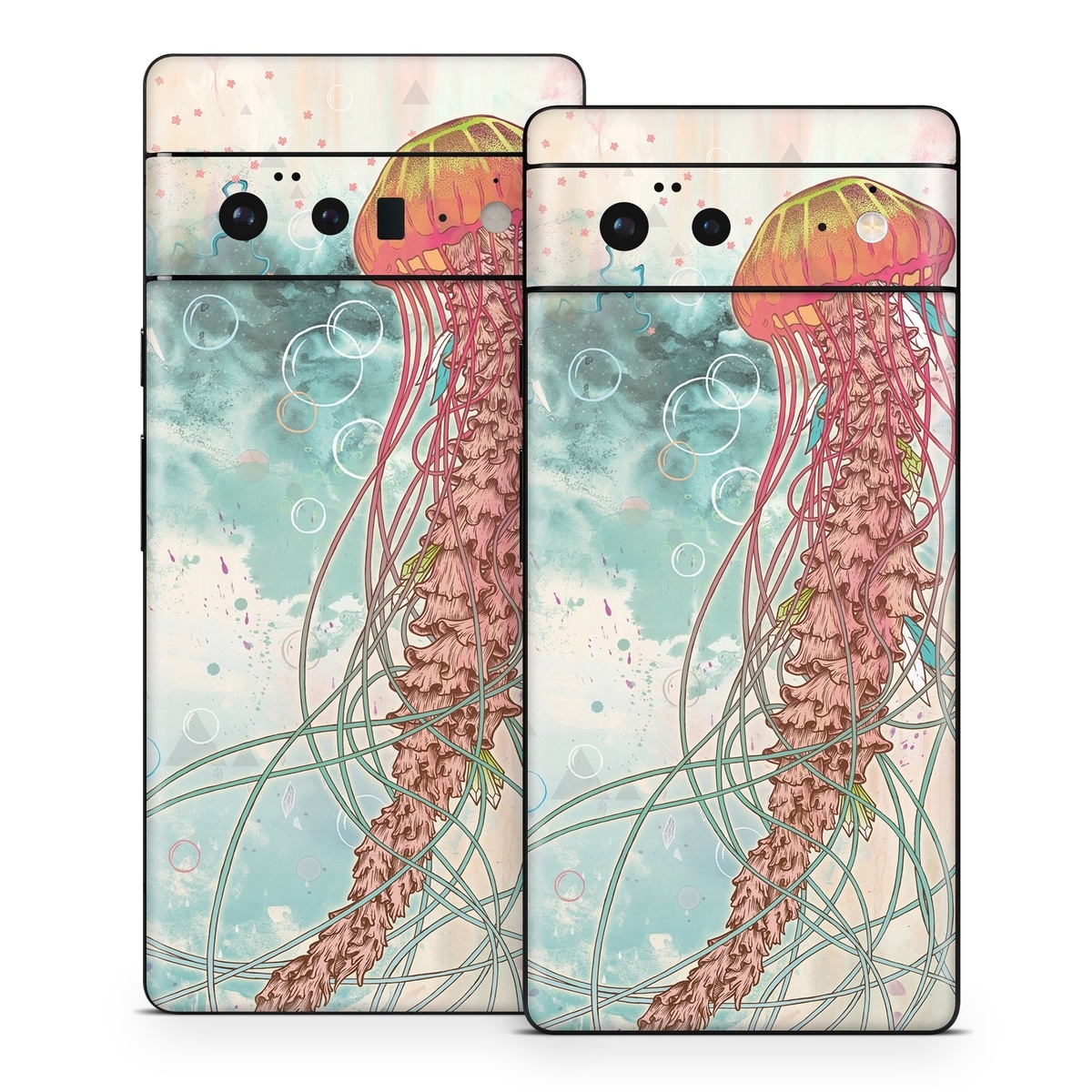Google Pixel 6 Series Skin design of Jellyfish, Illustration, Water, Cnidaria, Marine invertebrates, Organism, Portuguese man o' war, Art, Nepenthes, Invertebrate, with gray, pink, yellow, red, green colors