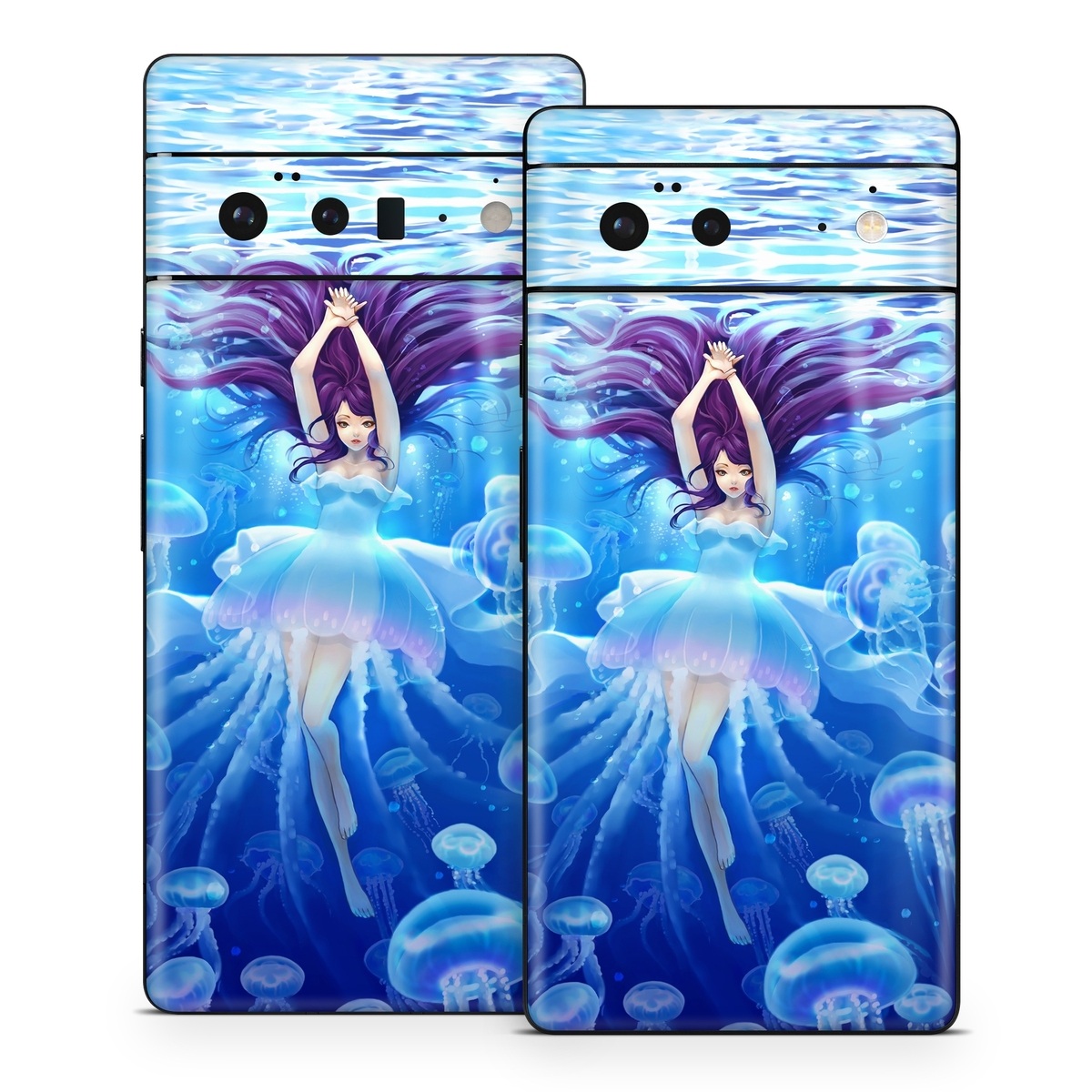 Google Pixel 6 Series Skin design of Jellyfish, Cnidaria, Organism, Marine biology, Marine invertebrates, Water, Bioluminescence, Illustration, Electric blue, Fictional character, with blue, purple, gray colors