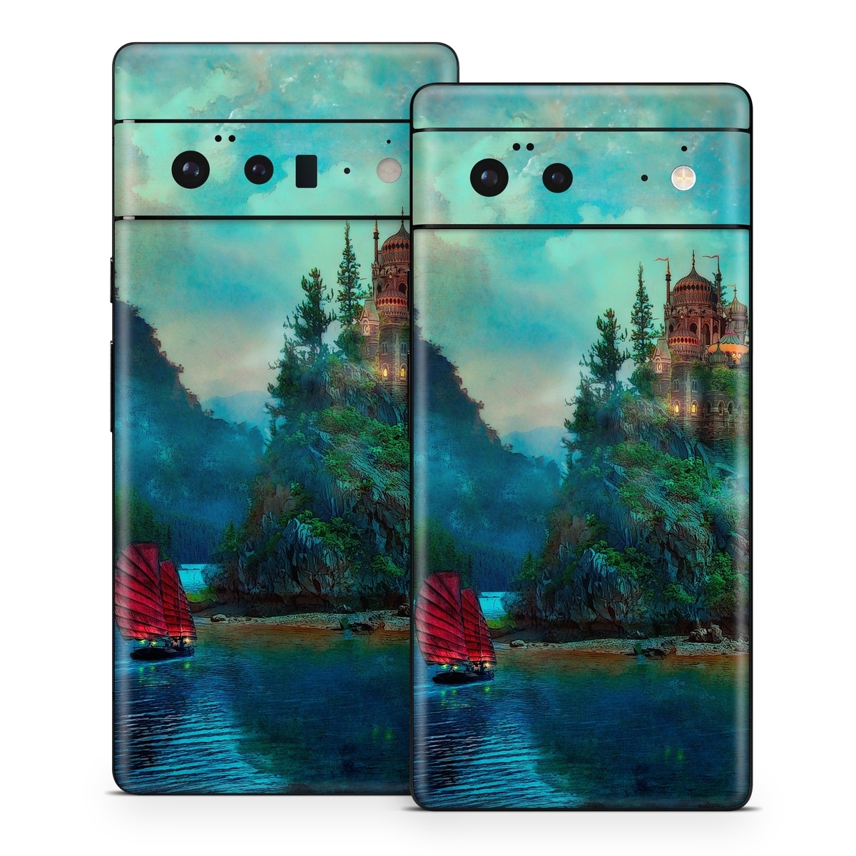 Google Pixel 6 Series Skin design of Nature, Natural landscape, Sky, Painting, Landscape, Illustration, Watercolor paint, Art, Calm, Water castle, with black, gray, blue, green colors