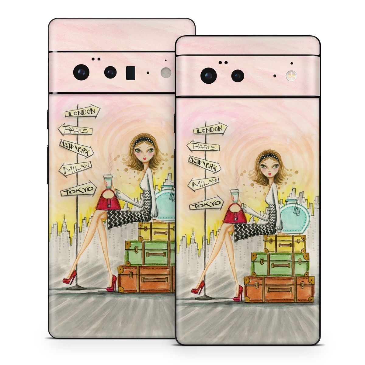 Google Pixel 6 Series Skin design of Cartoon, Illustration, Art, Watercolor paint, with gray, pink, green, red, black colors