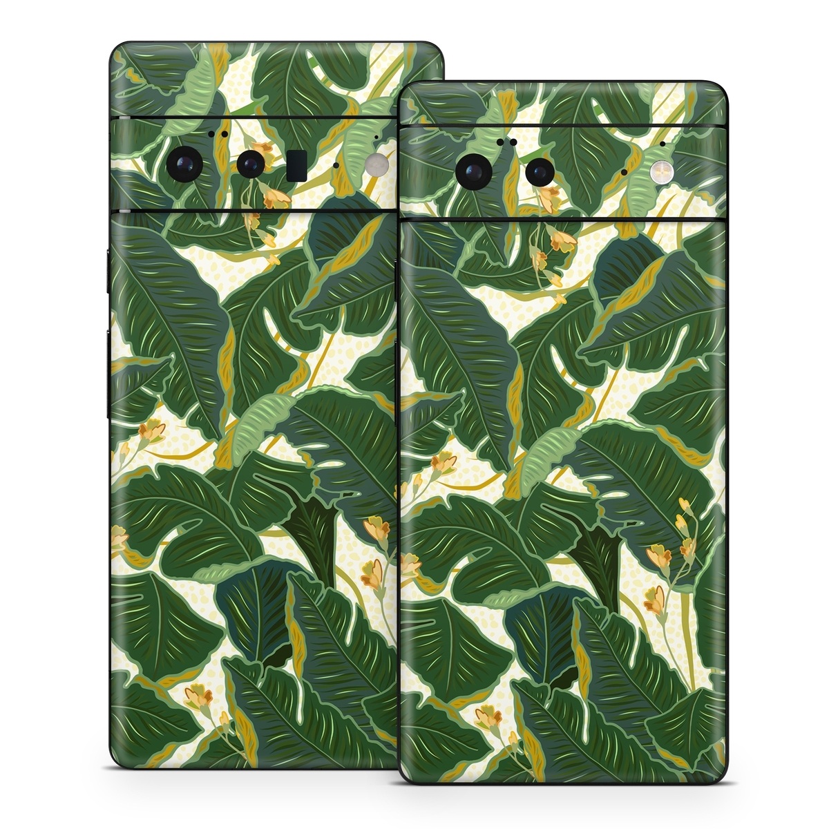 Google Pixel 6 Series Skin design of Leaf, Plant, Flower, Pattern, Botany, Tree, Design, Flowering plant, Arrowroot family, Terrestrial plant, with green, yellow colors