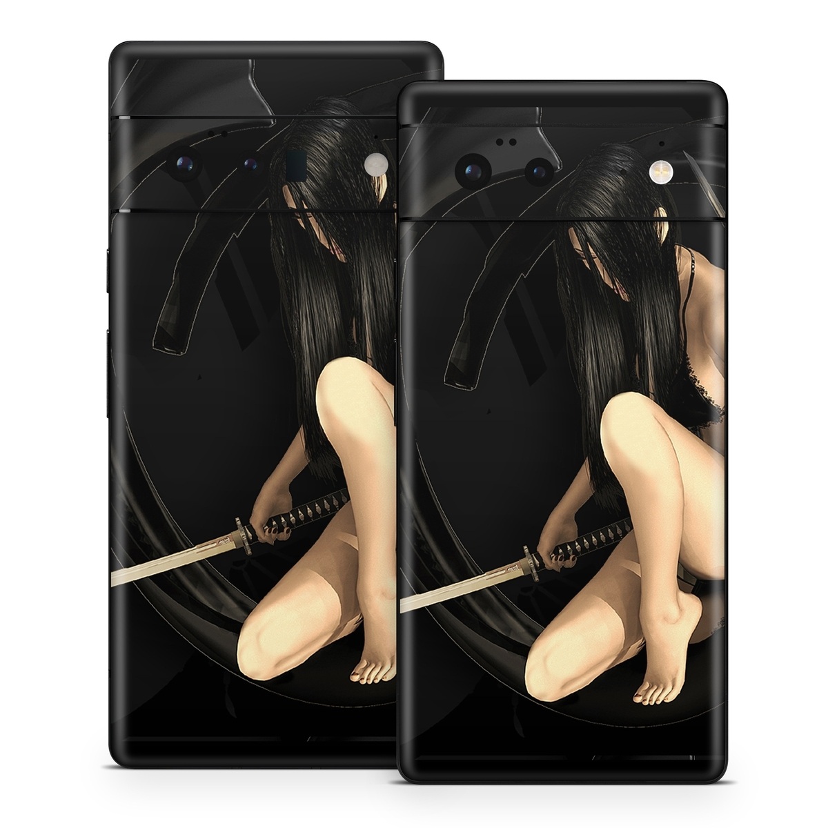 Google Pixel 6 Series Skin design of Black, Photography, Leg, Black hair, Cg artwork, Darkness, Fetish model, Sitting, Flash photography, with black, yellow, gray, white colors