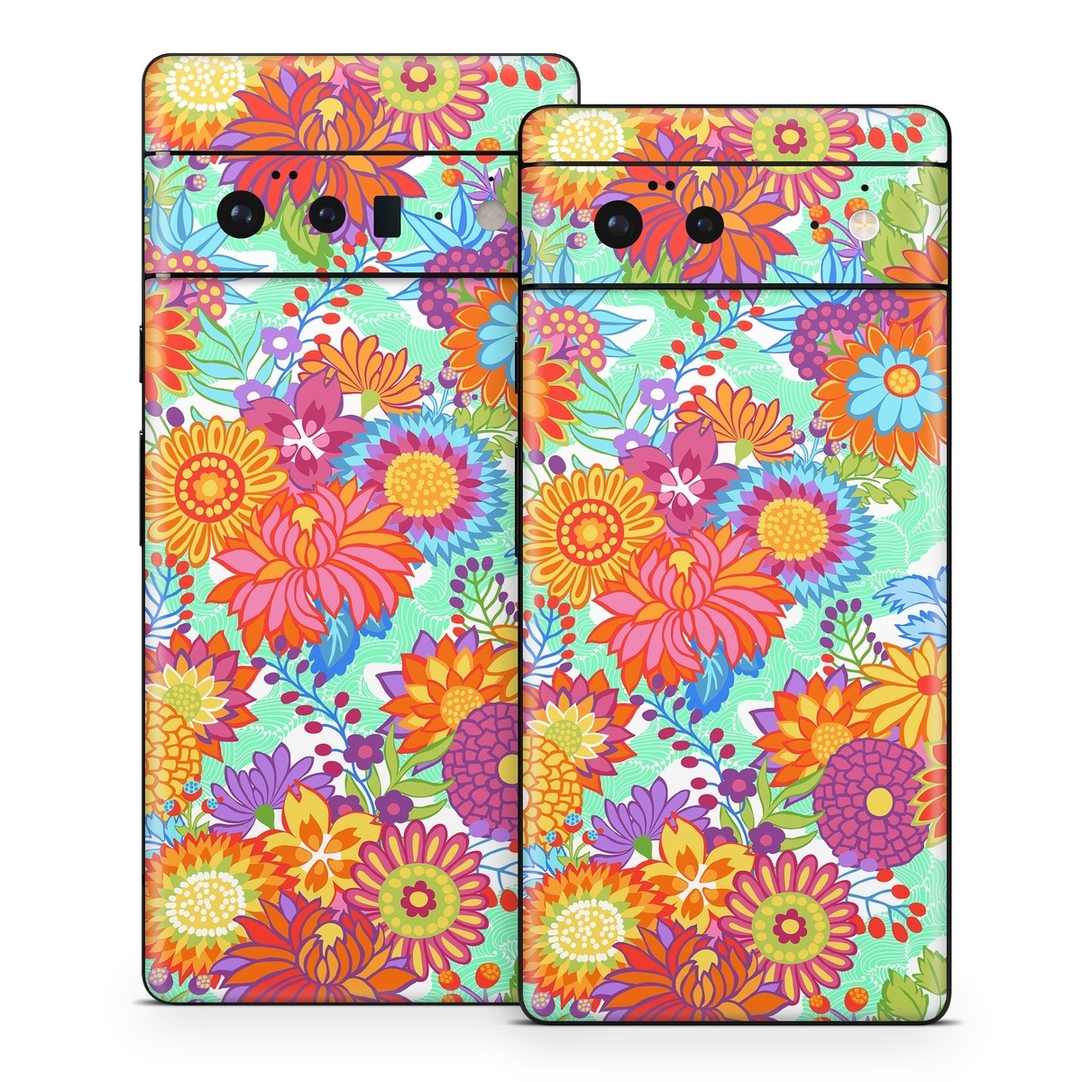 Google Pixel 6 Series Skin design of Pattern, Floral design, Orange, Flower, Design, Textile, Plant, Wildflower, Wrapping paper, Visual arts, with gray, orange, green, purple colors