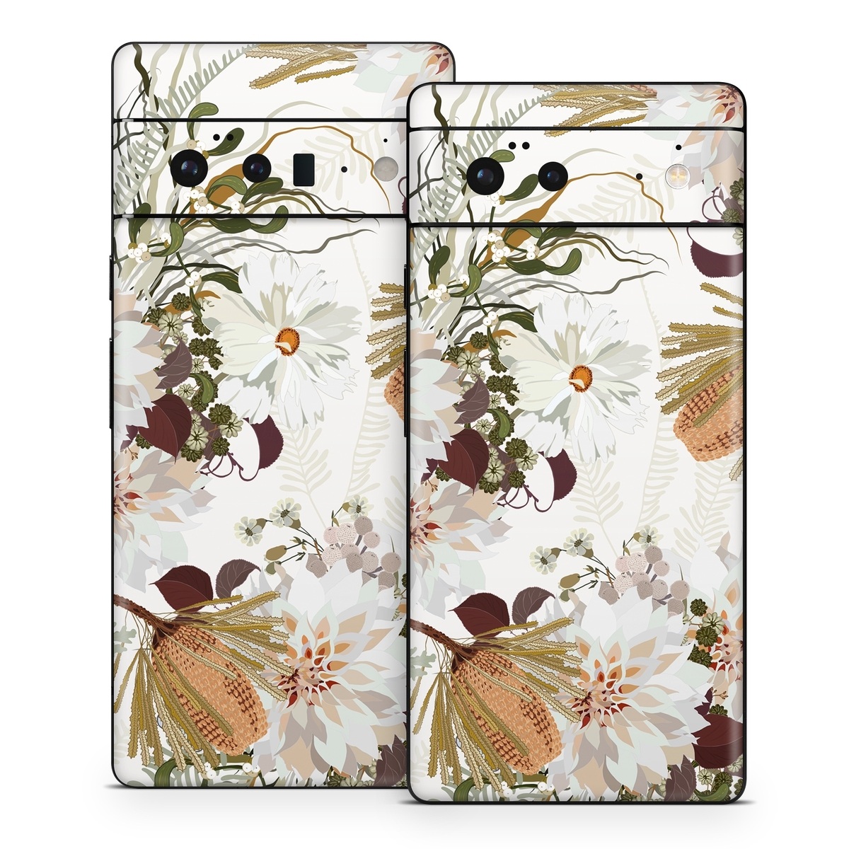 Google Pixel 6 Series Skin design of Flower, Botany, Plant, Floral design, Wildflower, Pattern, Wallpaper, Textile, Petal, Butterfly, with white, brown, green, gray colors