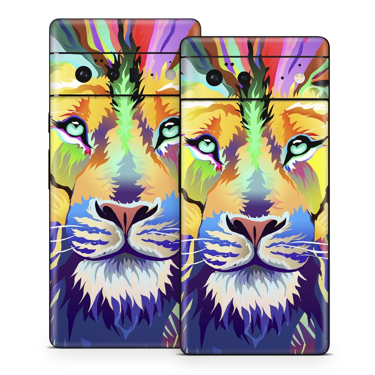 Google Pixel 6 Series Skin design of Bengal tiger, Felidae, Lion, Wildlife, Big cats, Tiger, Carnivore, Art, Illustration, Painting, with orange, yellow, green, red, pink, blue, purple colors