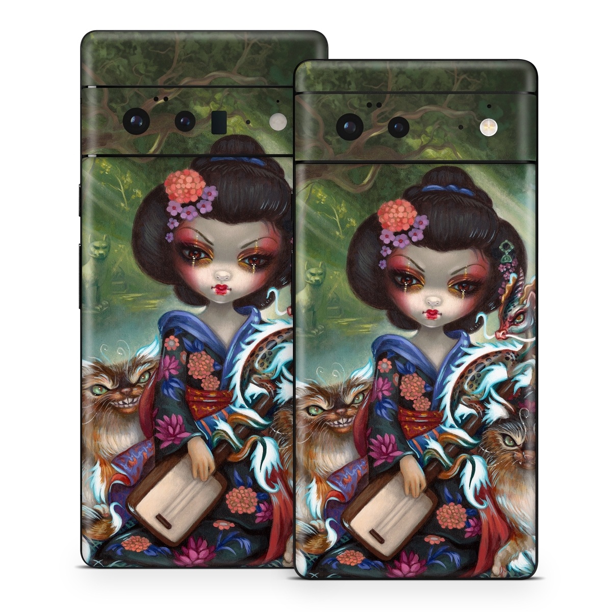 Google Pixel 6 Series Skin design of Cat, Felidae, Whiskers, Illustration, Art, Small to medium-sized cats, Doll, Kitten, Norwegian forest cat, Fawn, with black, white, red, brown, blue, green, pink, purple colors