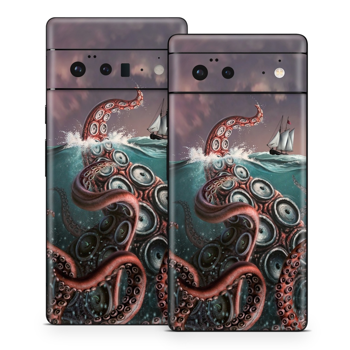 Google Pixel 6 Series Skin design of Octopus, Water, Illustration, Wind wave, Sky, Graphic design, Organism, Cephalopod, Cg artwork, giant pacific octopus, with blue, gray, white, brown, red colors