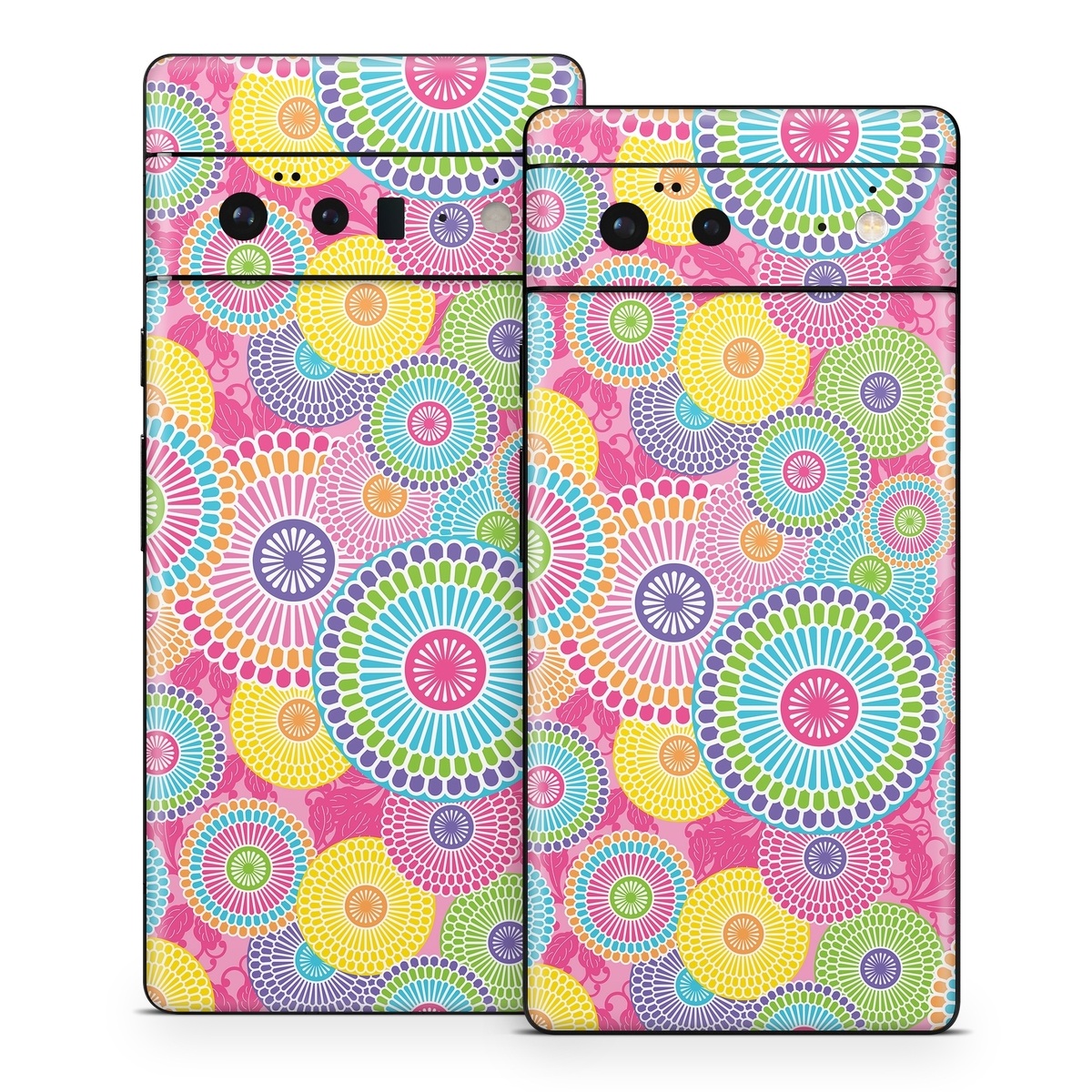 Google Pixel 6 Series Skin design of Pattern, Circle, Textile, Design, Visual arts, Wrapping paper, with gray, pink, purple, orange, blue, green colors