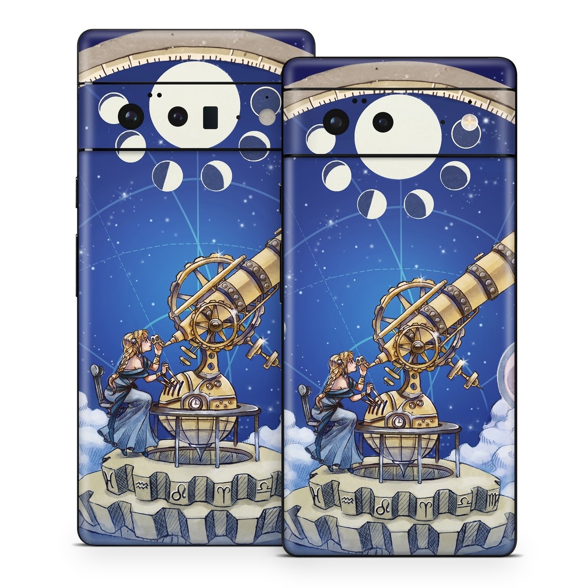 Google Pixel 6 Series Skin design of Circle, World, Space, Vehicle, Satellite, Illustration, with white, blue, yellow, pink, gray colors