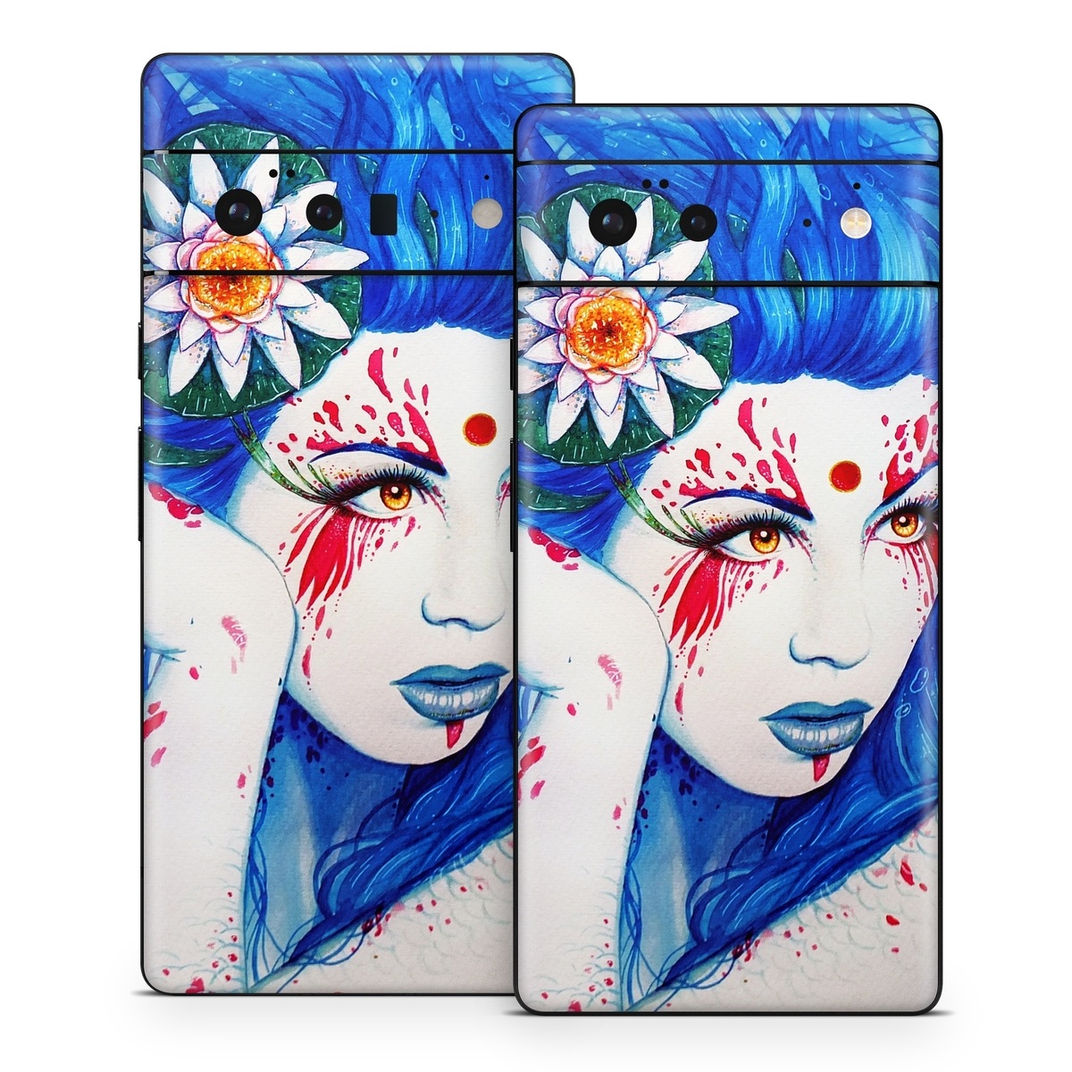 Google Pixel 6 Series Skin design of Hairstyle, Paint, Art paint, Blue, Painting, Eyelash, Art, Artist, Electric blue, Illustration, with white, blue, red, yellow, green, orange colors