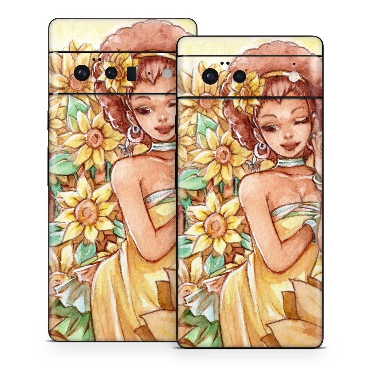 Google Pixel 6 Series Skin design of Painting, Illustration, Art, Fictional character, Plant, Flower, Clip art, with yellow, orange, brown, green colors