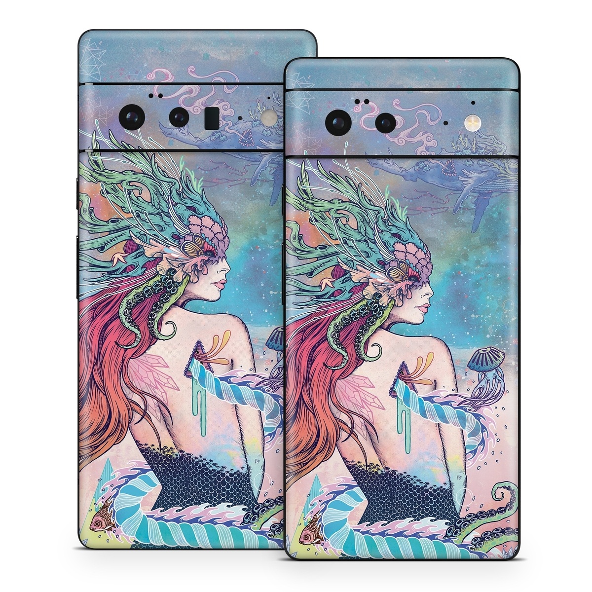 Google Pixel 6 Series Skin design of Illustration, Fictional character, Art, Cg artwork, Fiction, Mythology, Painting, Mermaid, with blue, purple, green, red, yellow, pink colors